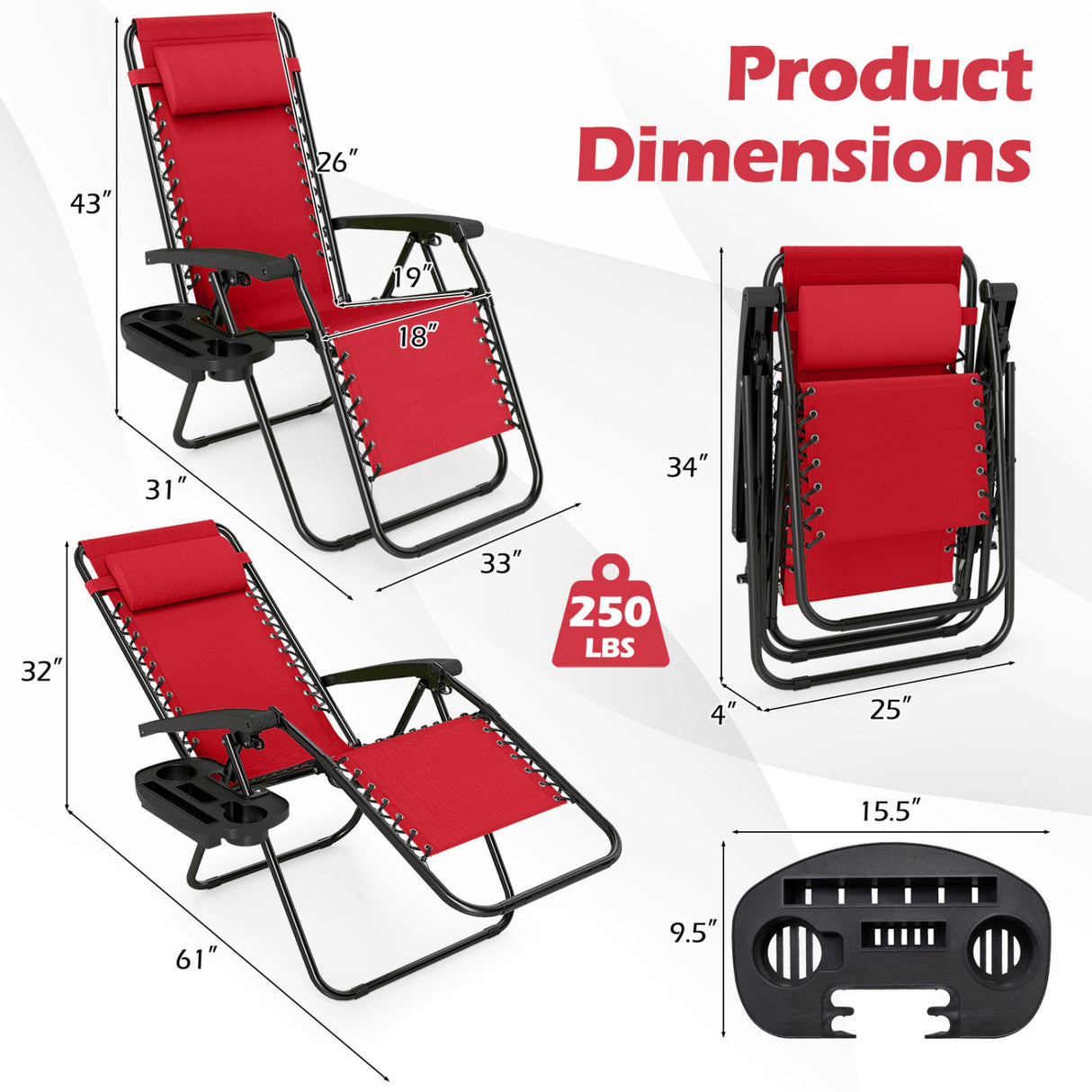 Portable Zero Gravity Chairs with Cup Holder Trays and Backrest Set of 2