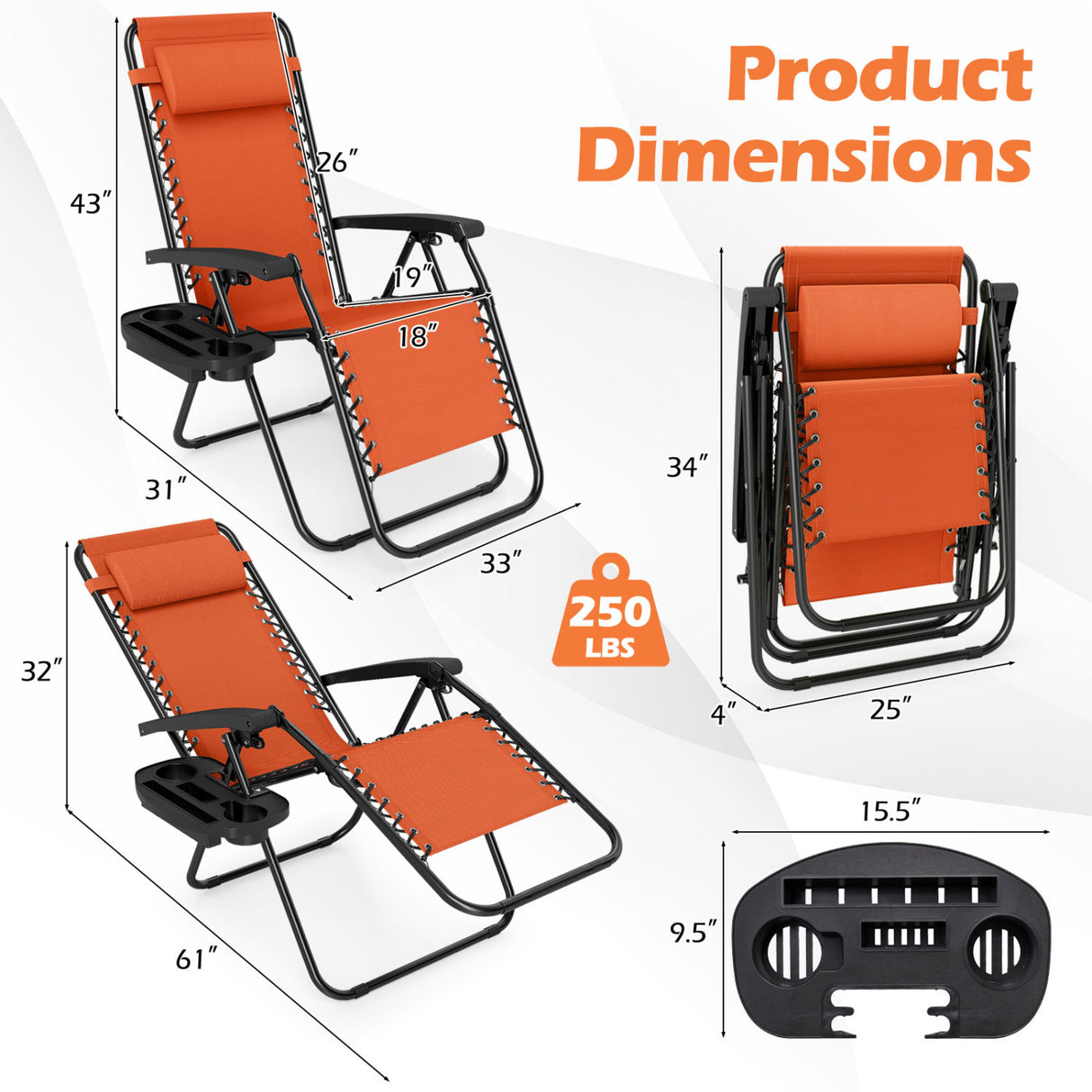 Portable Zero Gravity Chairs with Cup Holder Trays and Backrest Set of 2