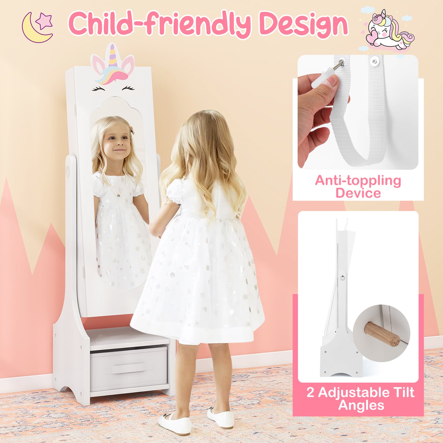 Kids Princess Vanity Table and Stool Set with Jewelry Cabinet and Mirror Drawer