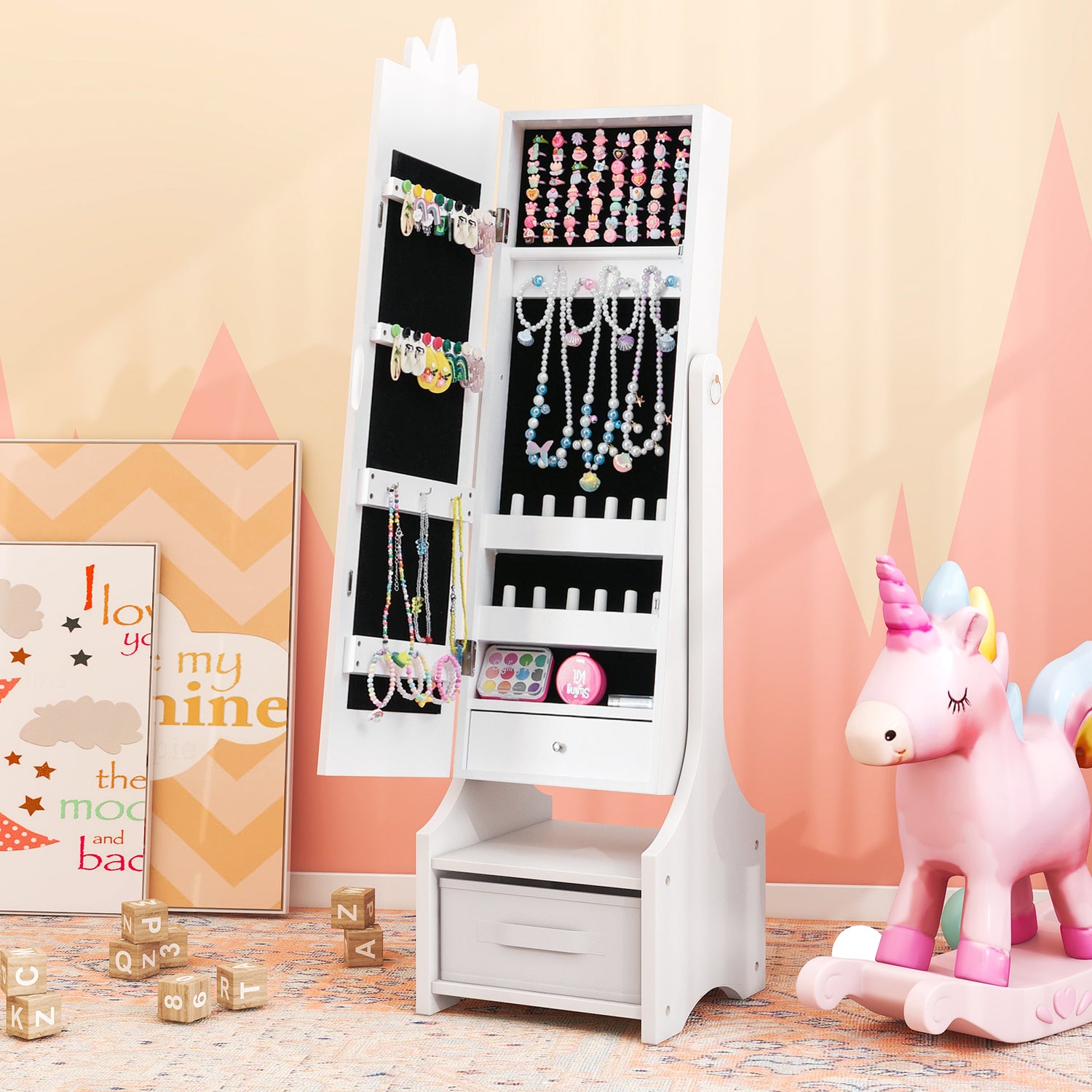 Kids Princess Vanity Table and Stool Set with Jewelry Cabinet and Mirror Drawer