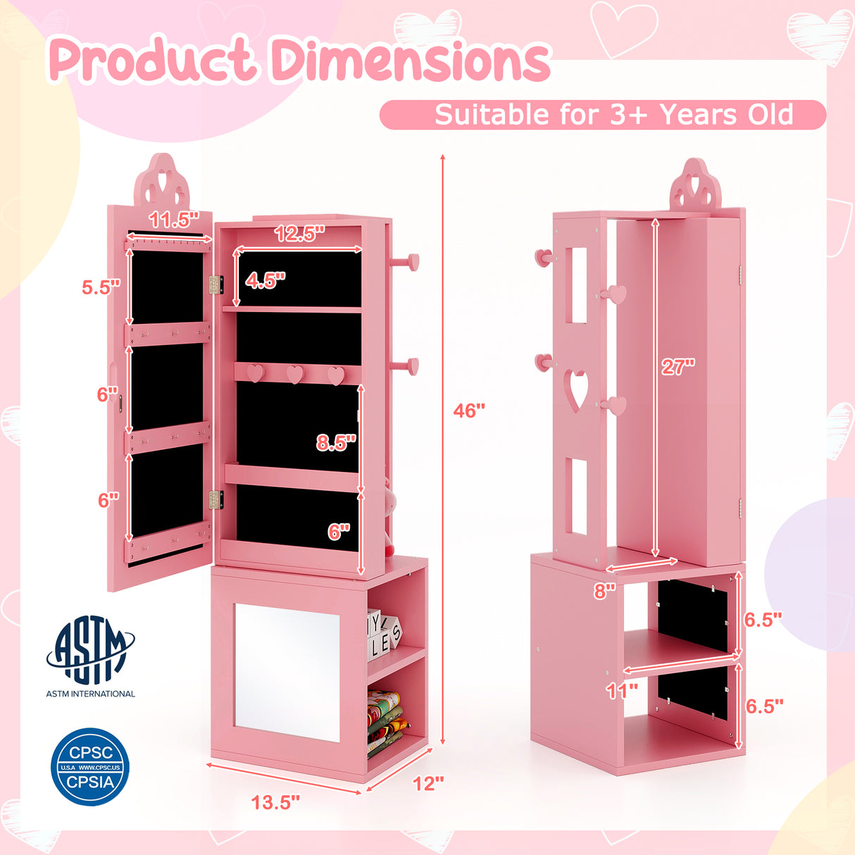 Princess Vanity Table and Stool Set Freestanding Jewelry Cabinet Armoire with Full-Length Mirror