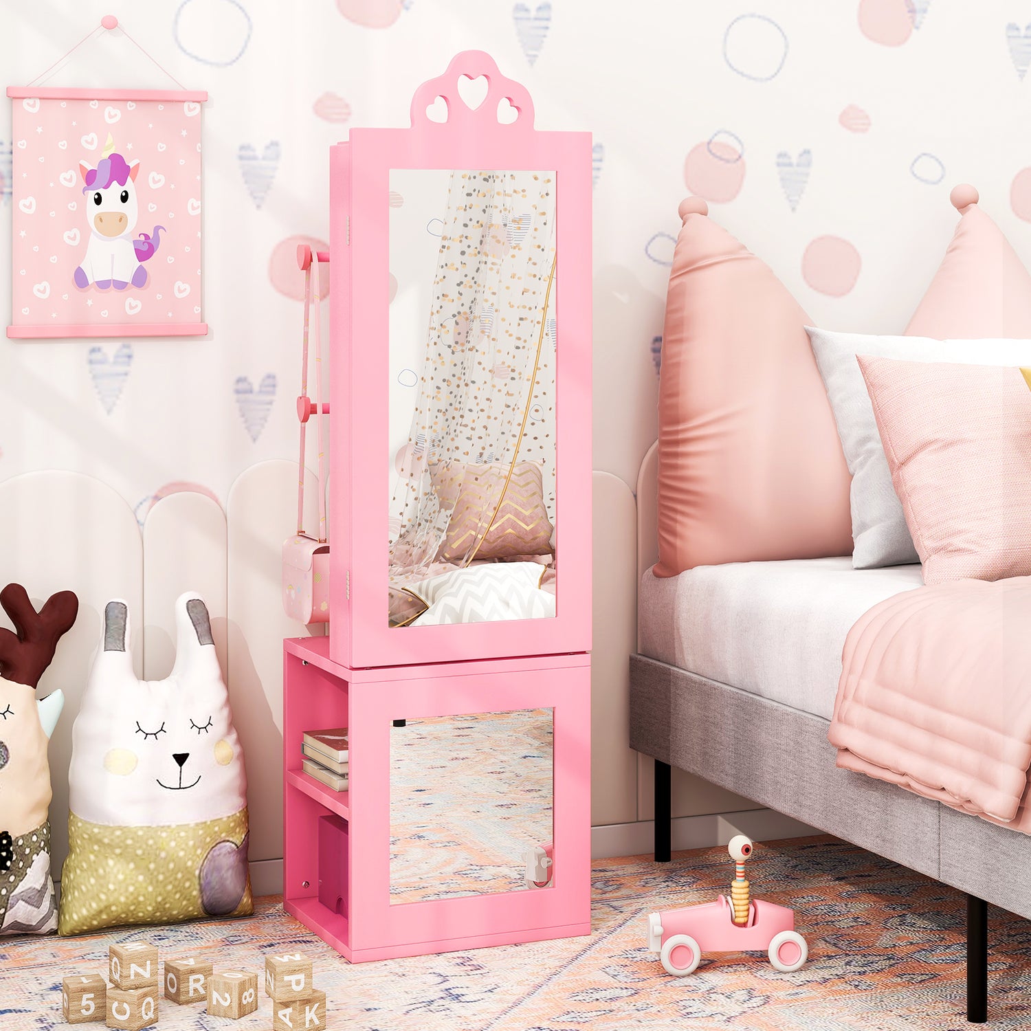 Princess Vanity Table and Stool Set Freestanding Jewelry Cabinet Armoire with Full-Length Mirror