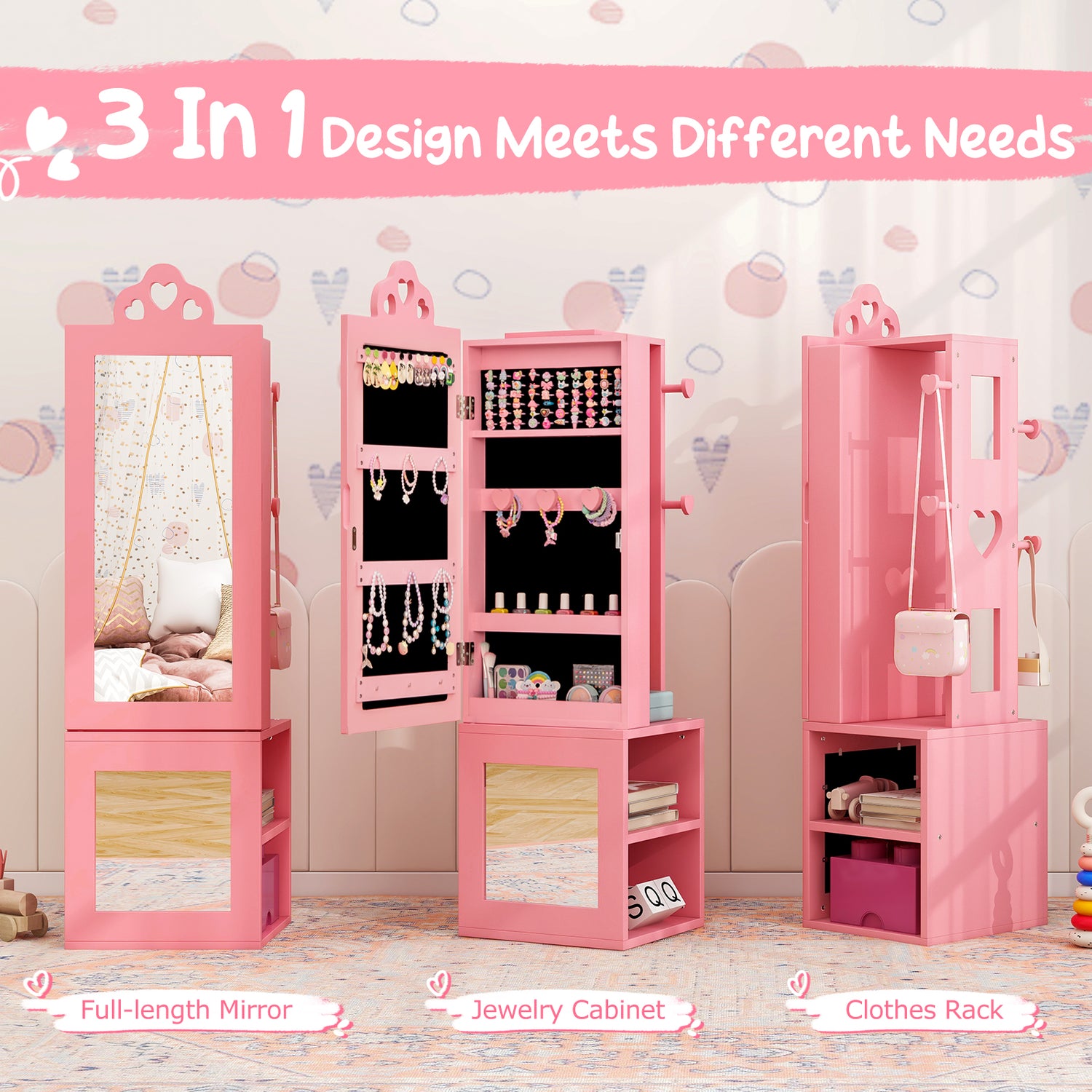 Princess Vanity Table and Stool Set Freestanding Jewelry Cabinet Armoire with Full-Length Mirror