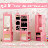 Princess Vanity Table and Stool Set Freestanding Jewelry Cabinet Armoire with Full-Length Mirror