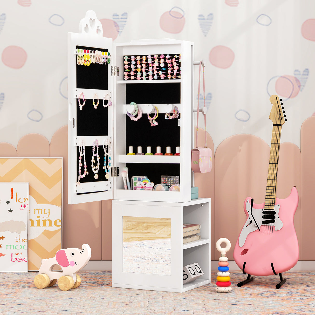 Princess Vanity Table and Stool Set Freestanding Jewelry Cabinet Armoire with Full-Length Mirror
