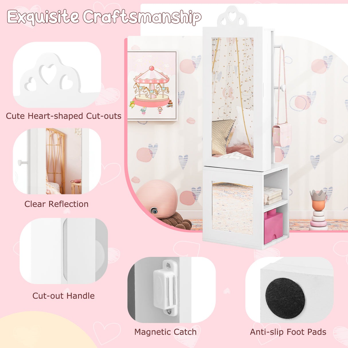 Princess Vanity Table and Stool Set Freestanding Jewelry Cabinet Armoire with Full-Length Mirror