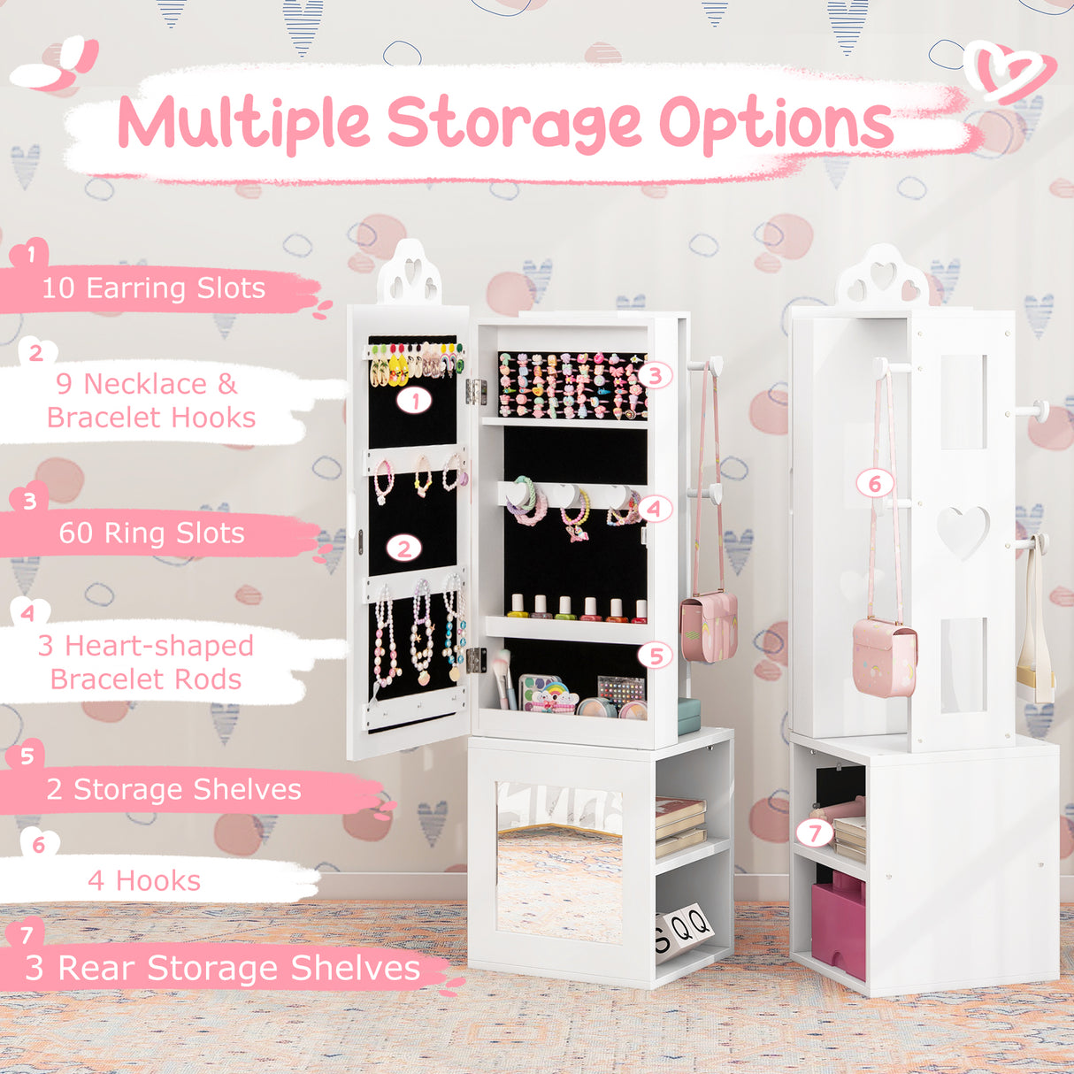 Princess Vanity Table and Stool Set Freestanding Jewelry Cabinet Armoire with Full-Length Mirror