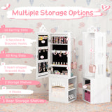 Princess Vanity Table and Stool Set Freestanding Jewelry Cabinet Armoire with Full-Length Mirror