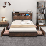Full/Queen Size Bed Frame with Bookcase Headboard and 4 Storage Drawers