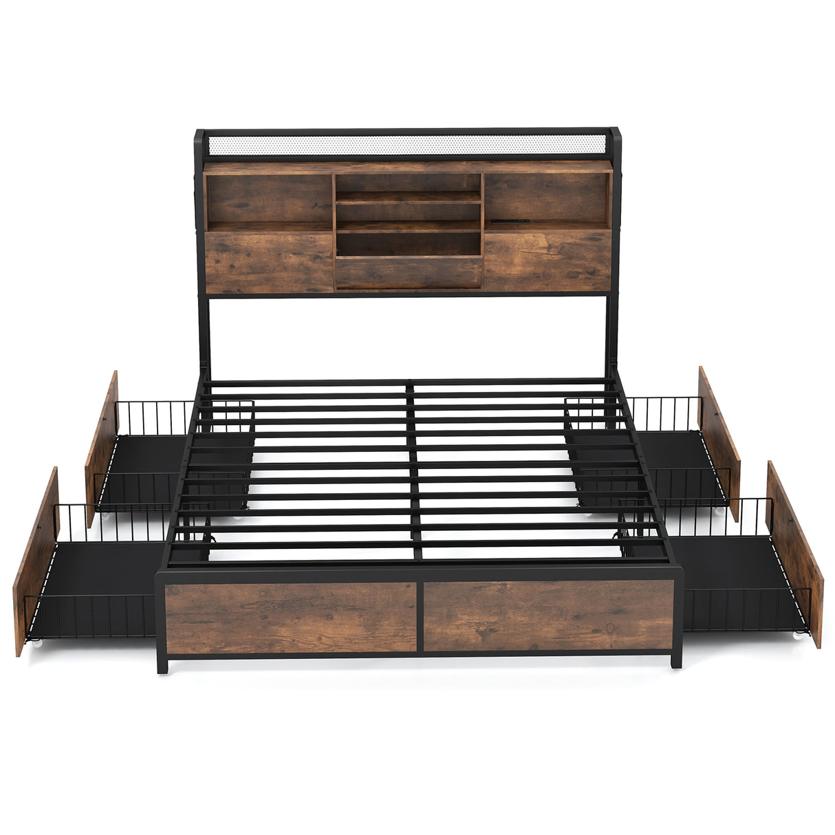 Full/Queen Size Bed Frame with Bookcase Headboard and 4 Storage Drawers