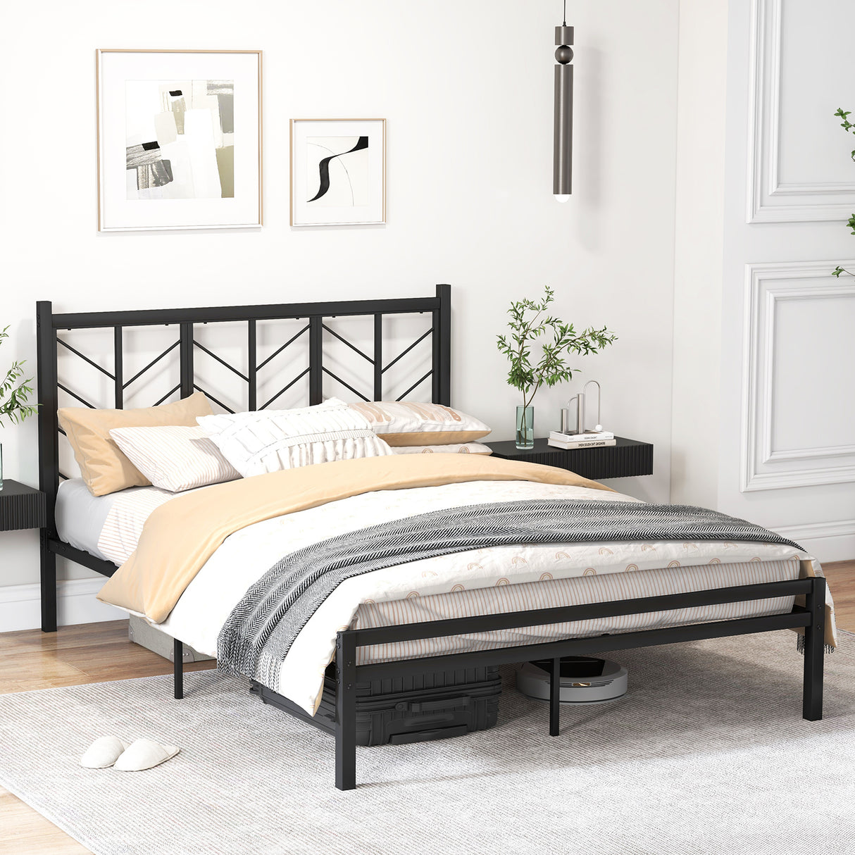 Twin Size Platform Bed with Headboard and Metal Frame