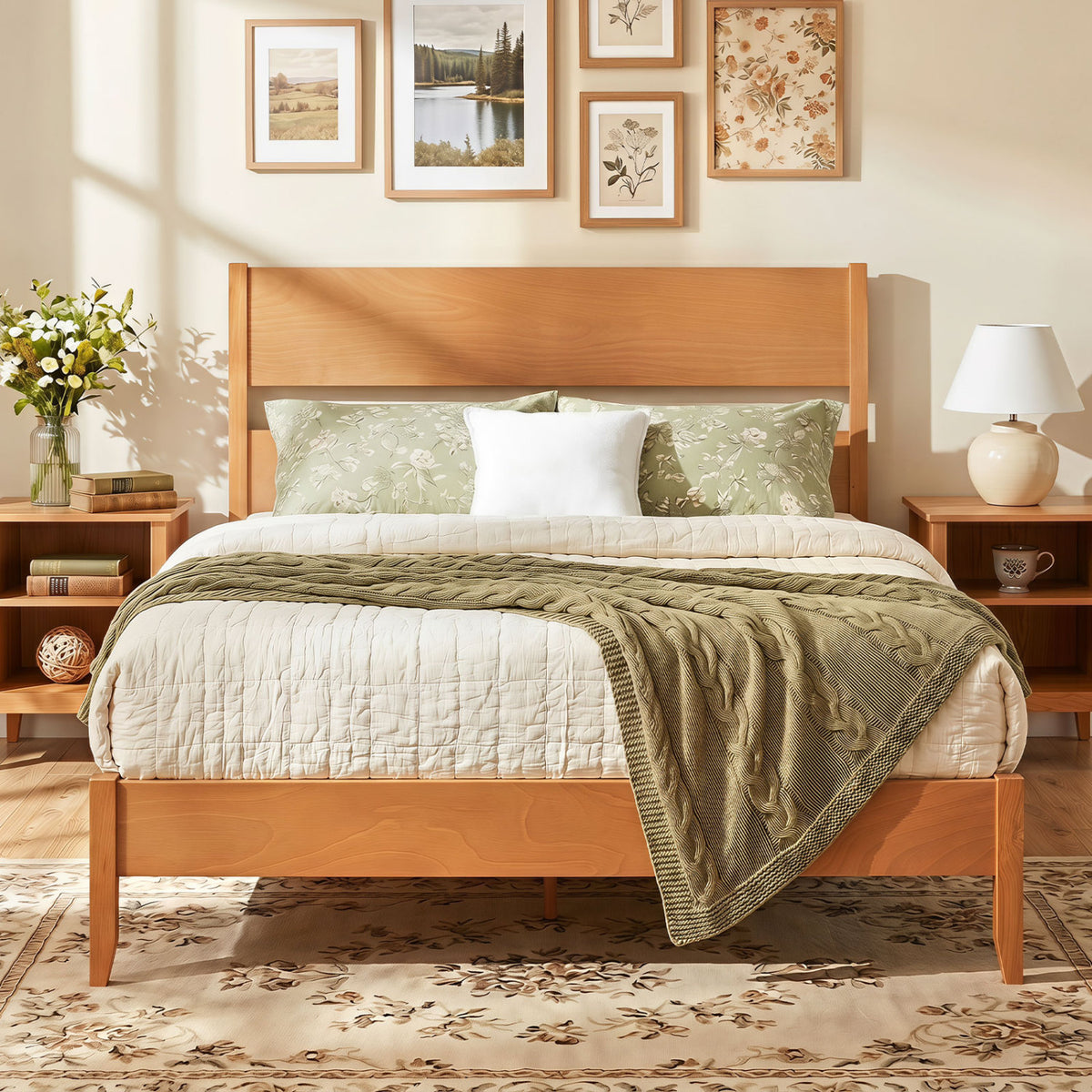 Queen Bed Frame with Headboard and Solid Wood Legs 12 Slats
