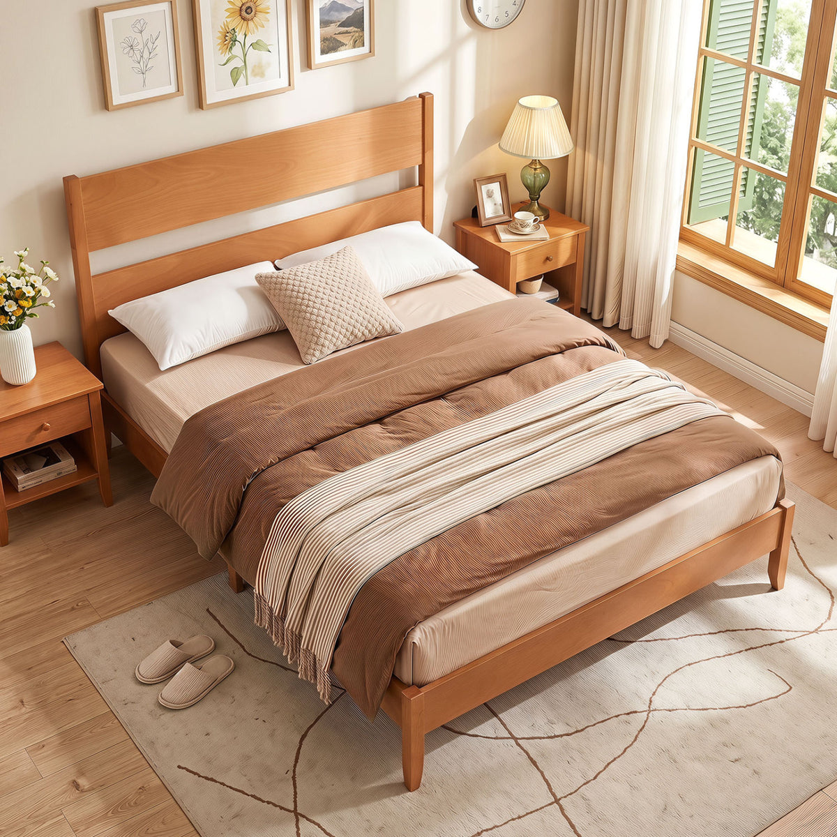 Queen Bed Frame with Headboard and Solid Wood Legs 12 Slats
