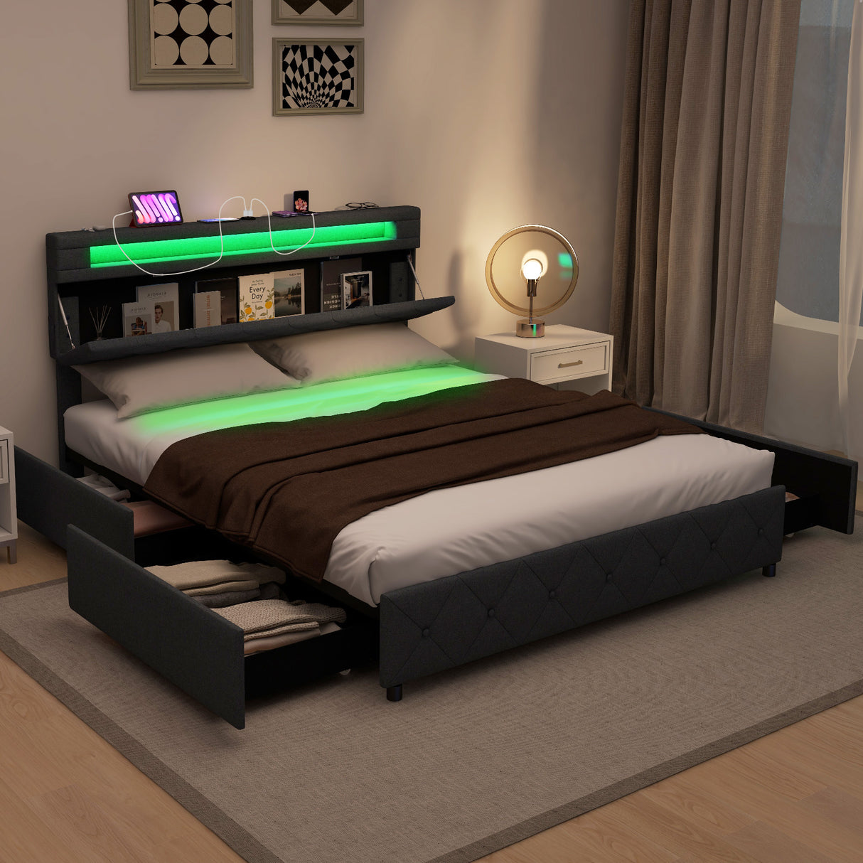 Full/Queen Size Bed Frame with Adjustable Storage Headboard and Wooden Slat Support