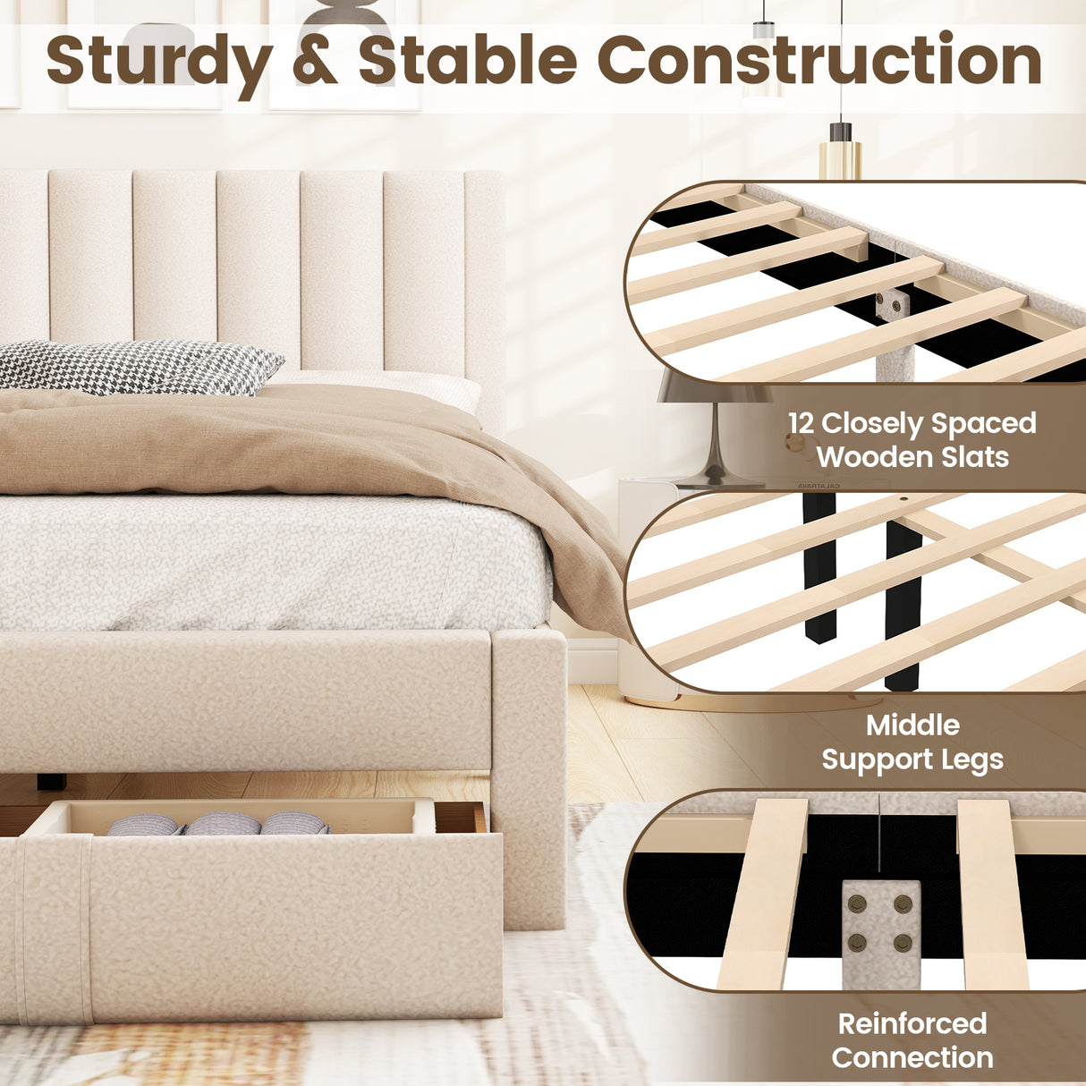 Queen Size Bed Frame with Storage Drawer and Vertical Channel Headboard