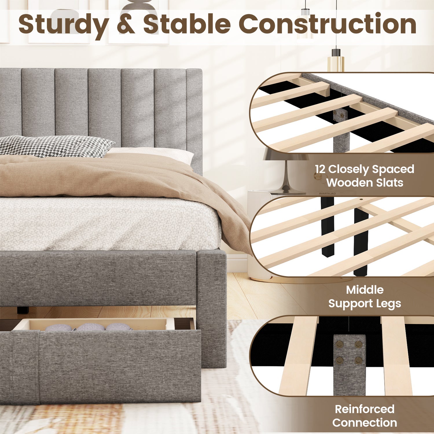 Queen Size Bed Frame with Storage Drawer and Vertical Channel Headboard