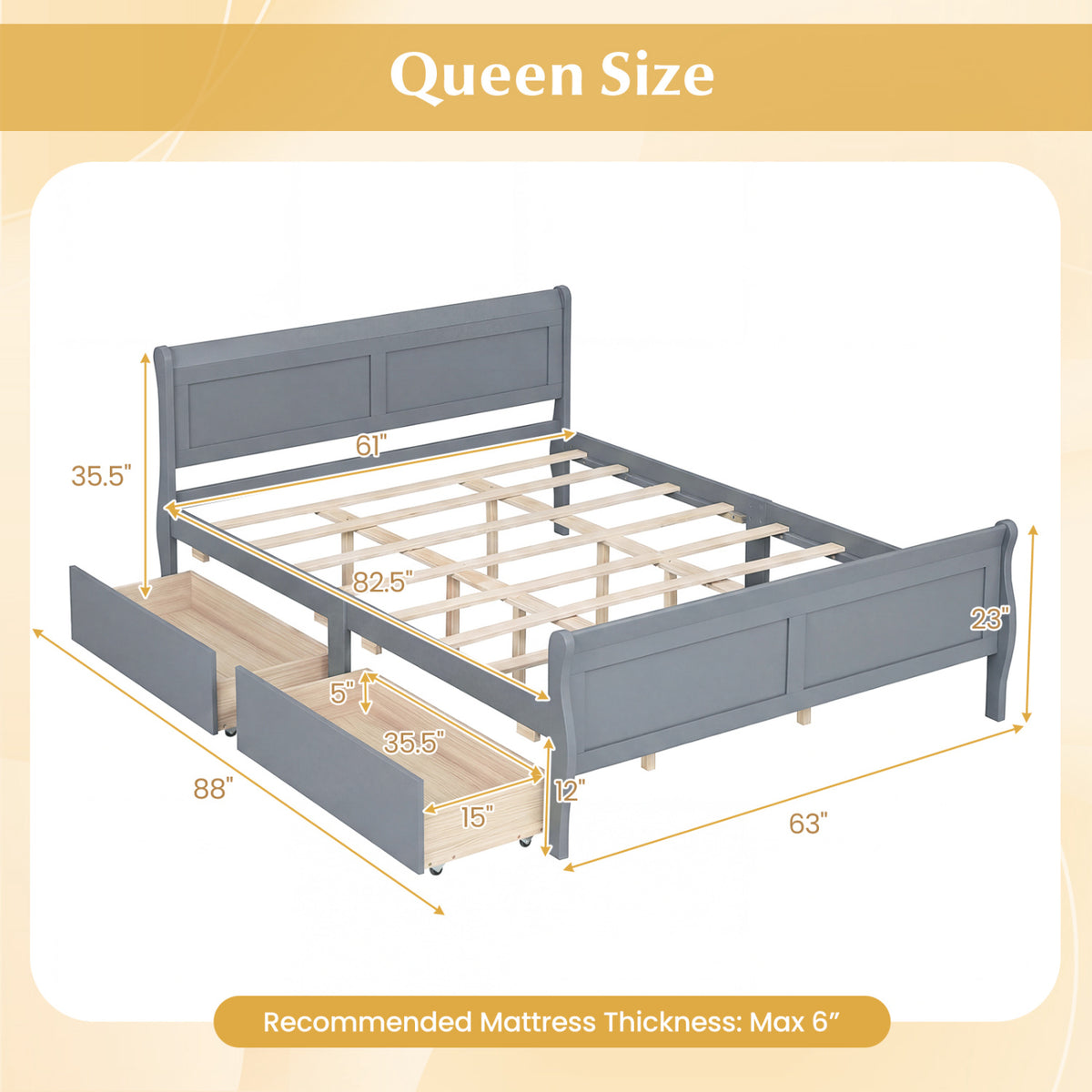 Queen Size Bed Frame with 2 Storage Drawers and Footboard