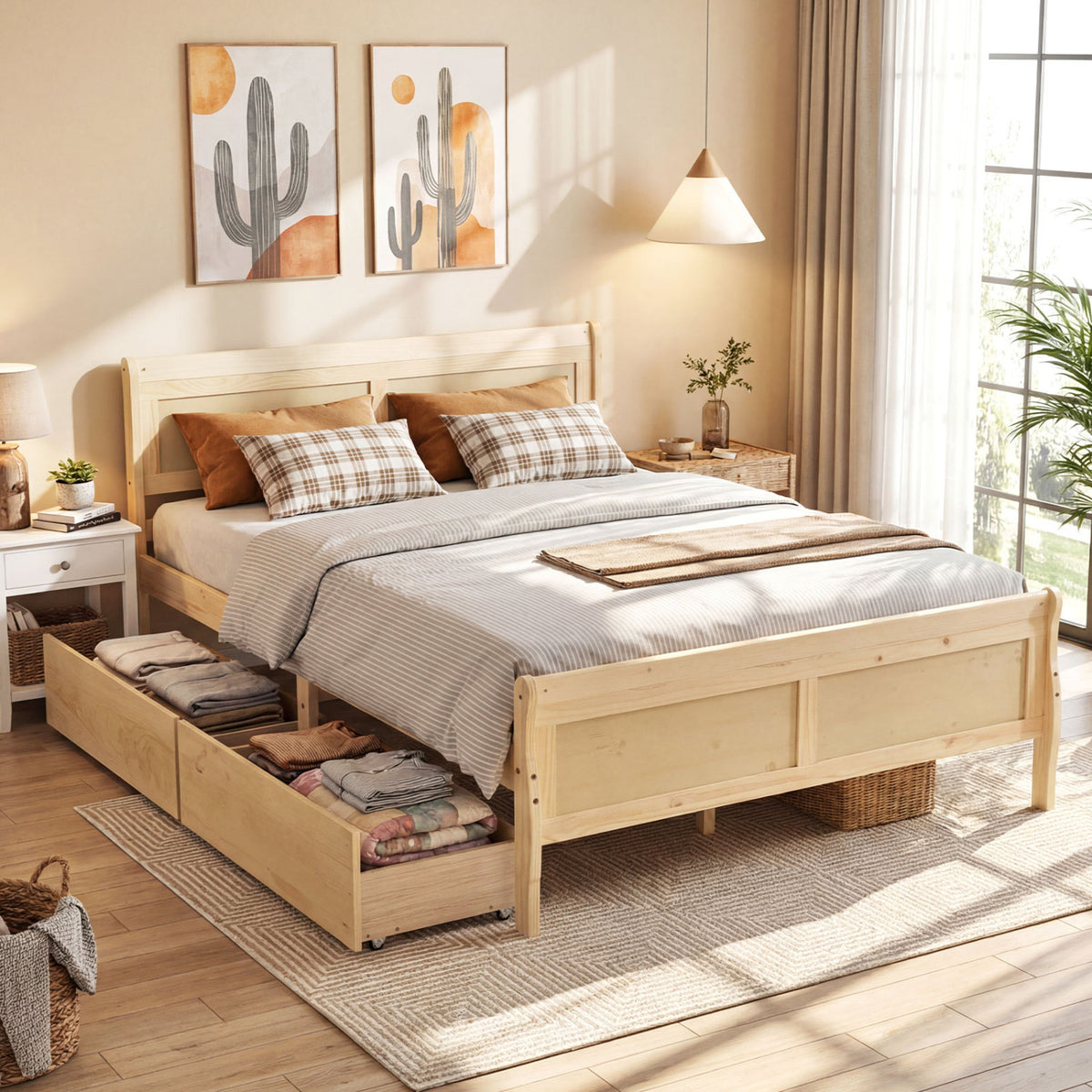 Queen Size Bed Frame with 2 Storage Drawers and Footboard