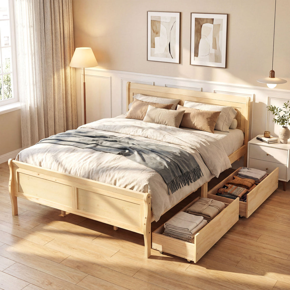 Queen Size Bed Frame with 2 Storage Drawers and Footboard