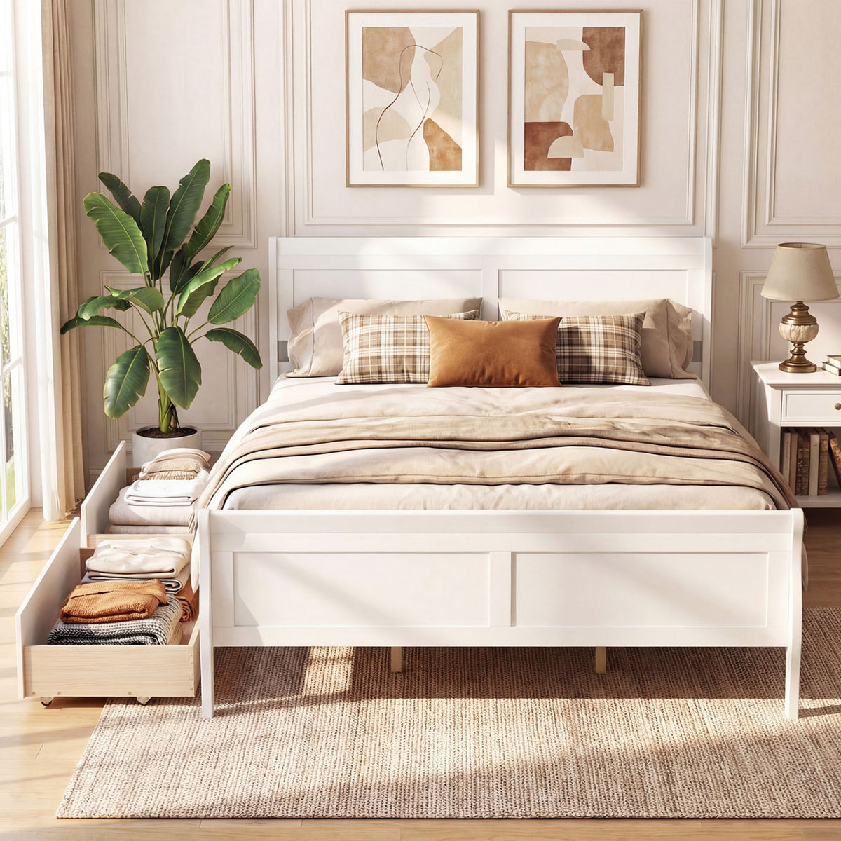 Queen Size Bed Frame with 2 Storage Drawers and Footboard