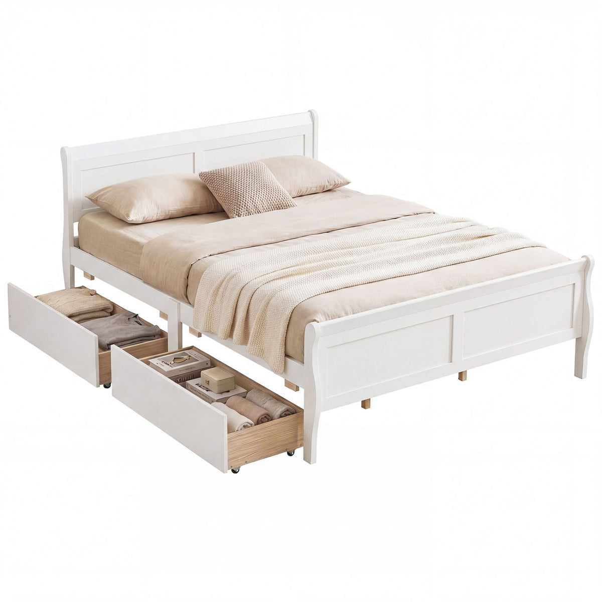 Queen Size Bed Frame with 2 Storage Drawers and Footboard