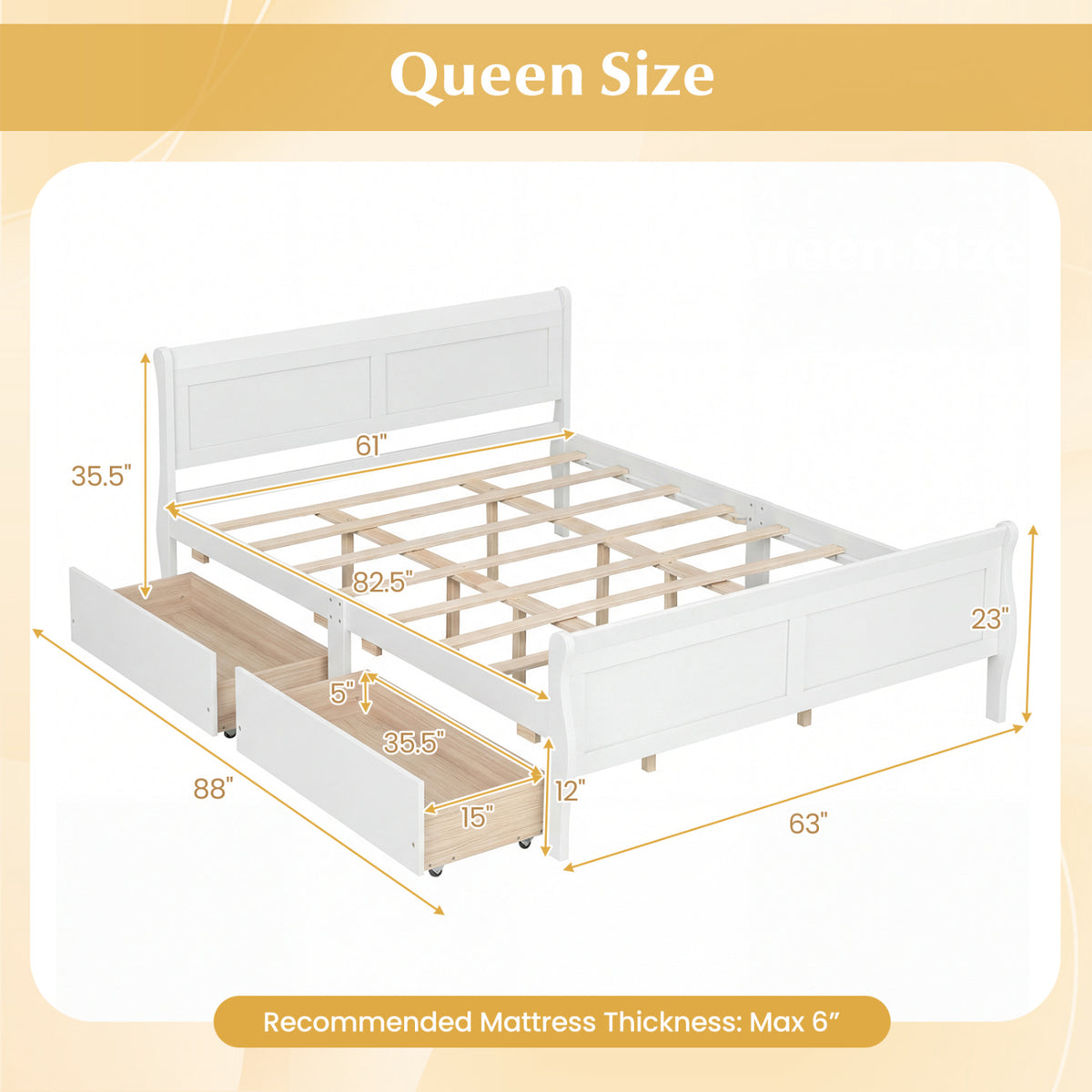 Queen Size Bed Frame with 2 Storage Drawers and Footboard