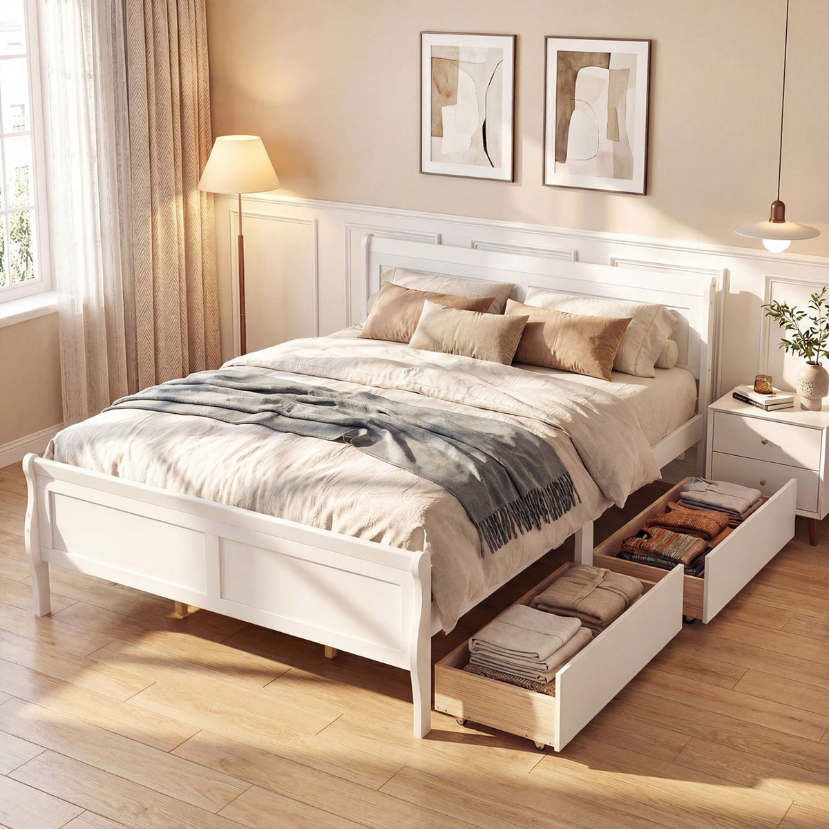 Queen Size Bed Frame with 2 Storage Drawers and Footboard