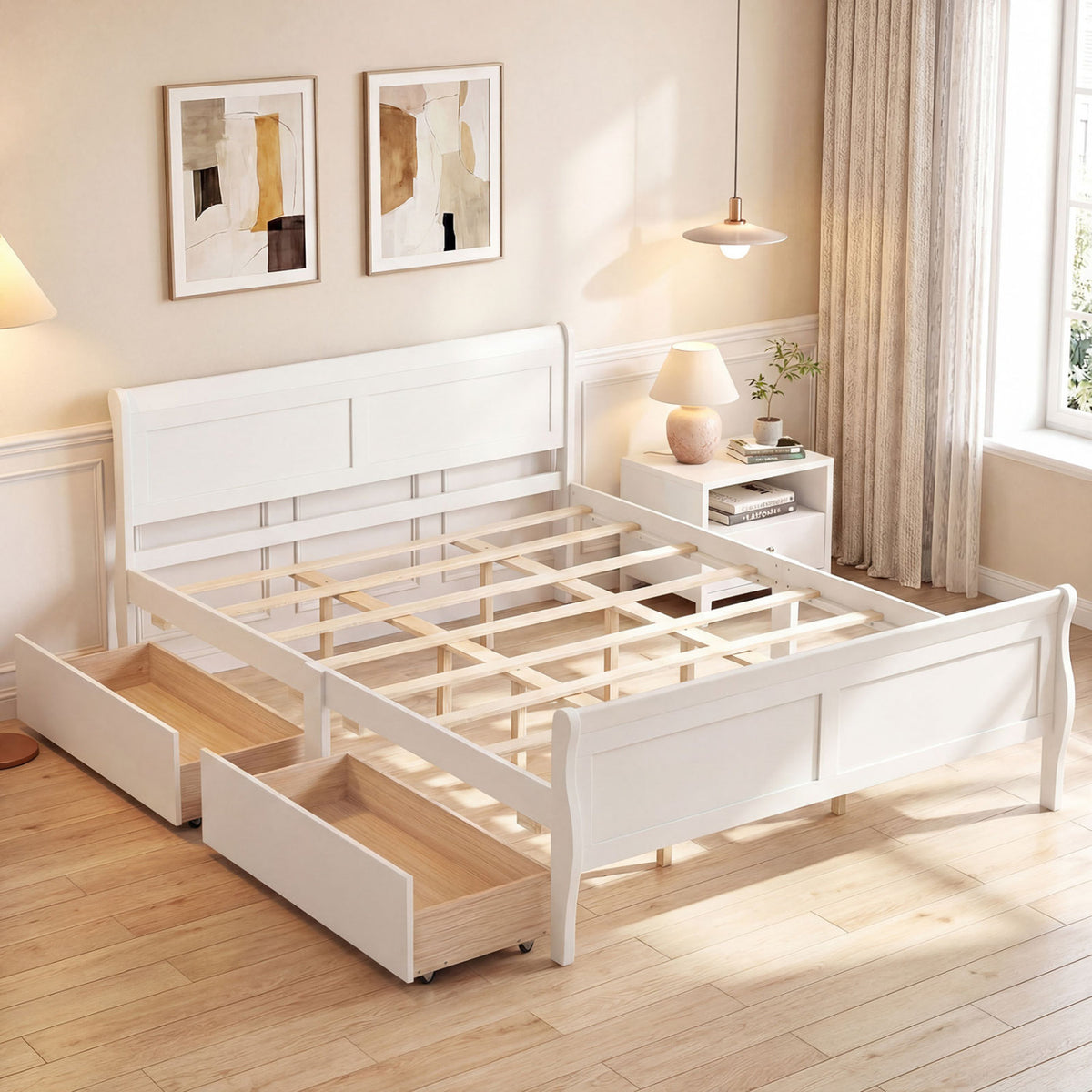 Queen Size Bed Frame with 2 Storage Drawers and Footboard