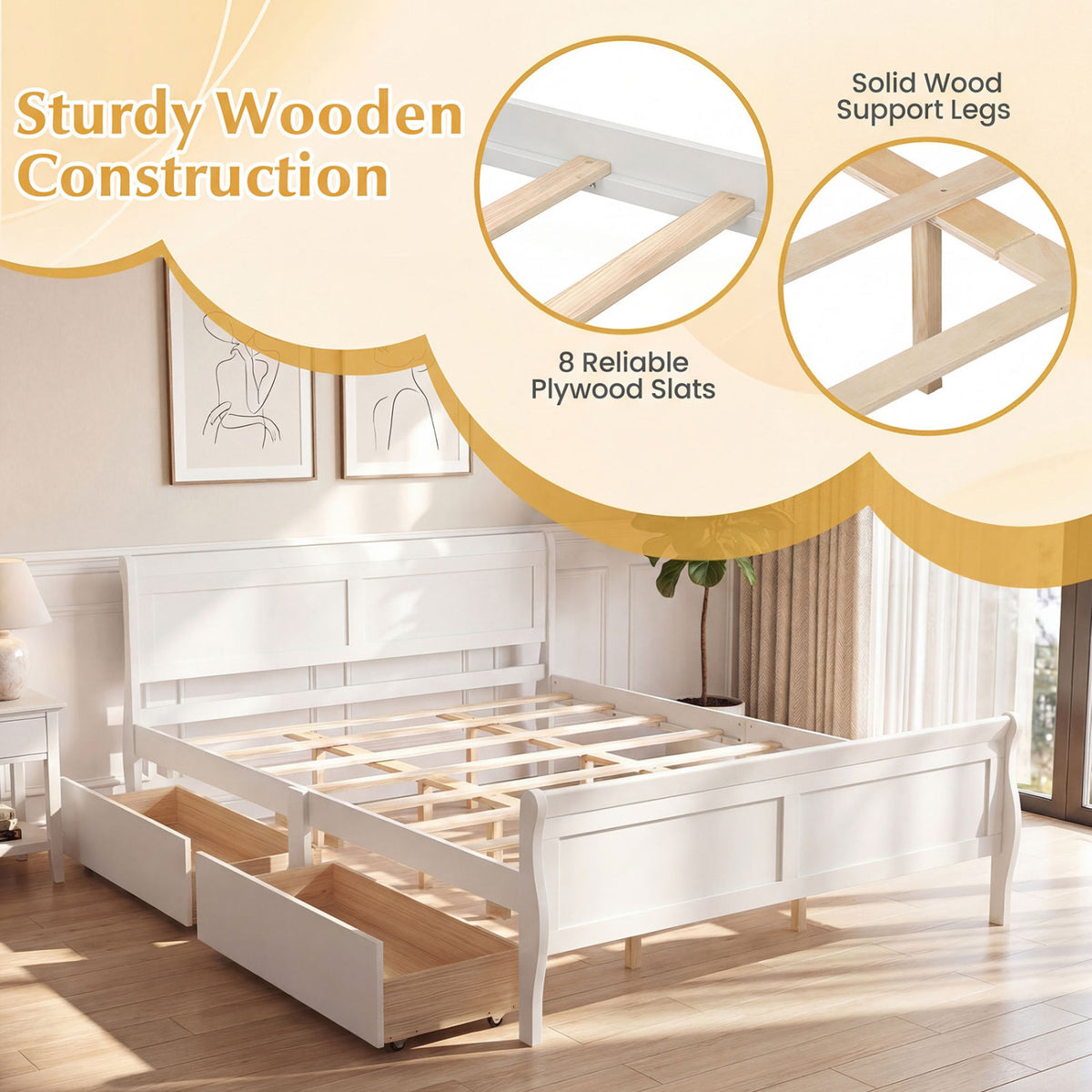 Queen Size Bed Frame with 2 Storage Drawers and Footboard
