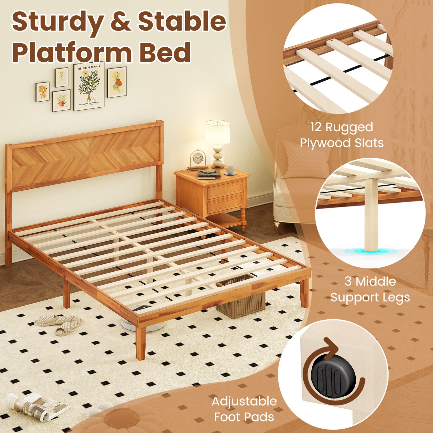 Twin/Full/Queen Size Bed Frame with Headboard and Storage Space