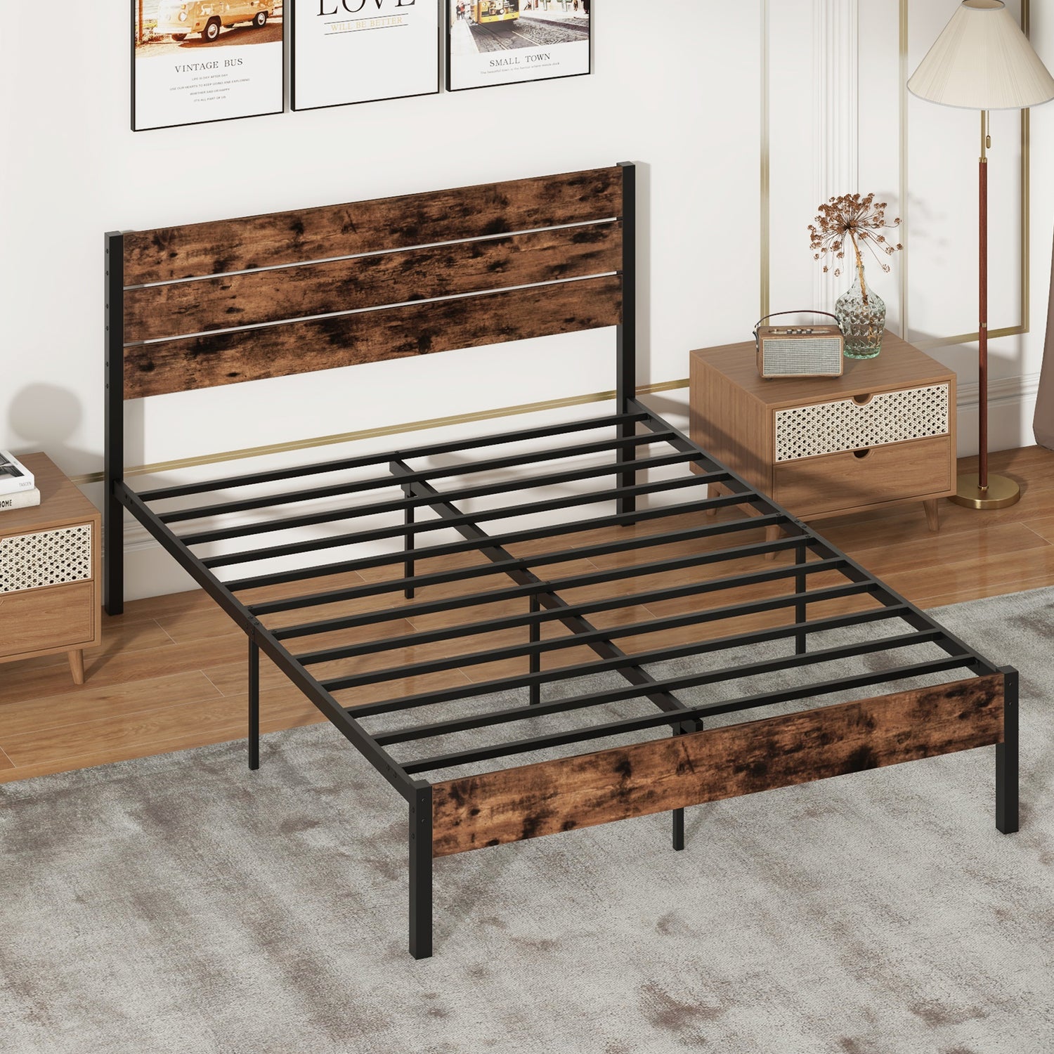 Full/King/Queen/Twin Size Bed Frame with High Headboard and Mute Bar