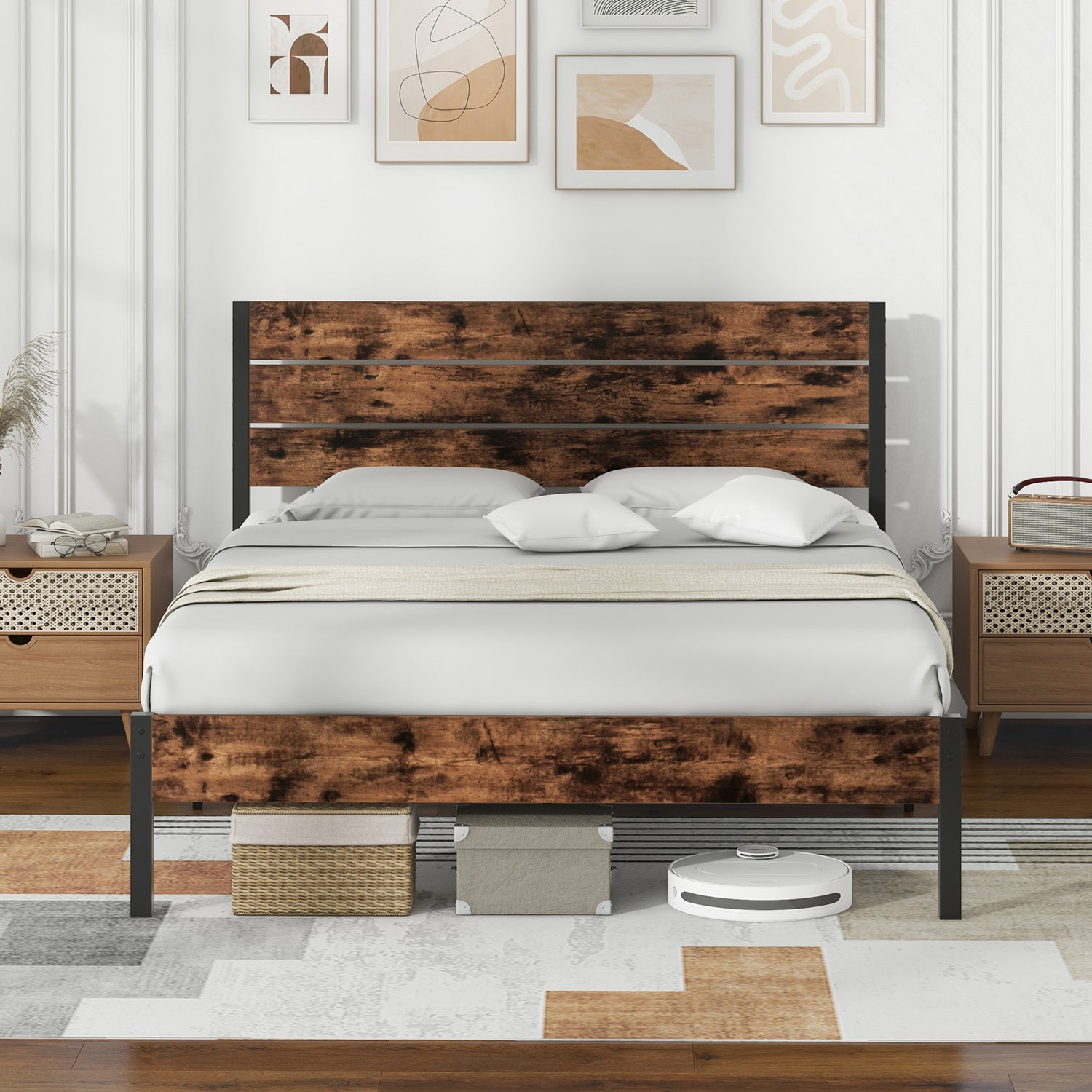 Full/King/Queen/Twin Size Bed Frame with High Headboard and Mute Bar