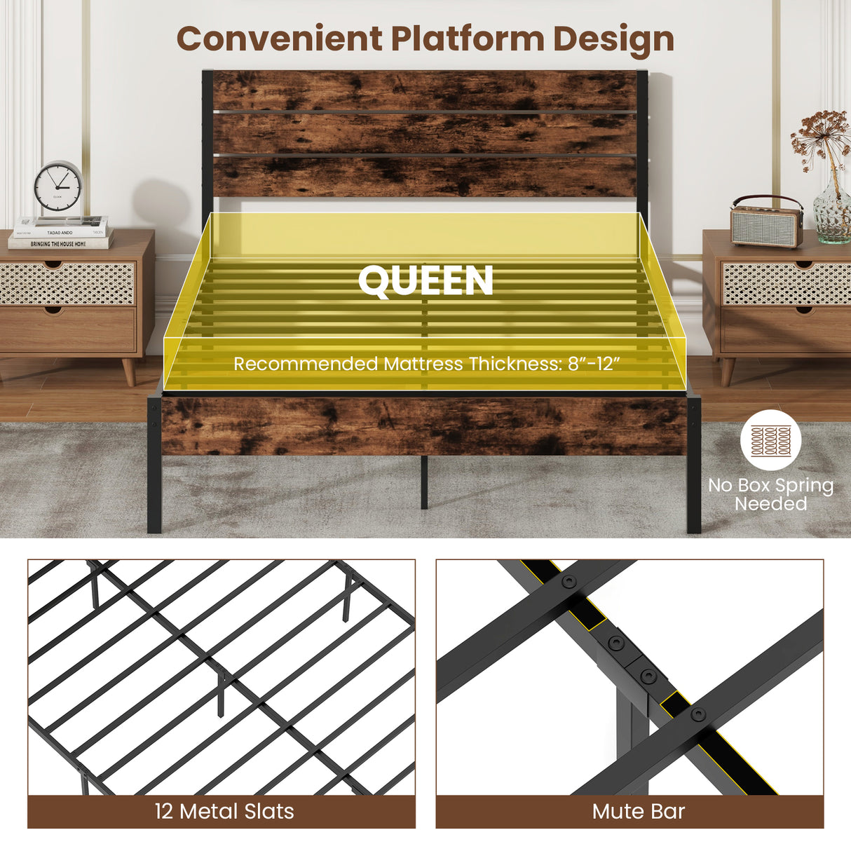 Full/King/Queen/Twin Size Bed Frame with High Headboard and Mute Bar