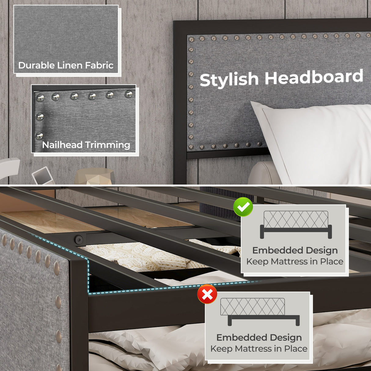 Full/Queen/Twin Size Bed Frame with LED Lights Drawer and Metal Slats