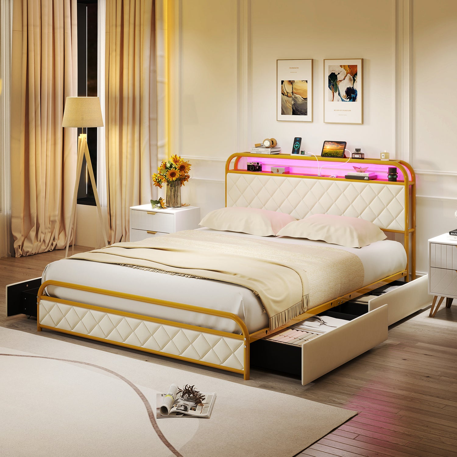 Twin/Full/Queen Size Bed Frame with LED Lights and Charging Station Gold