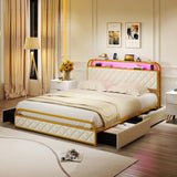 Twin/Full/Queen Size Bed Frame with LED Lights and Charging Station Gold