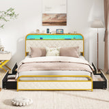 Twin/Full/Queen Size Bed Frame with LED Lights and Charging Station Gold