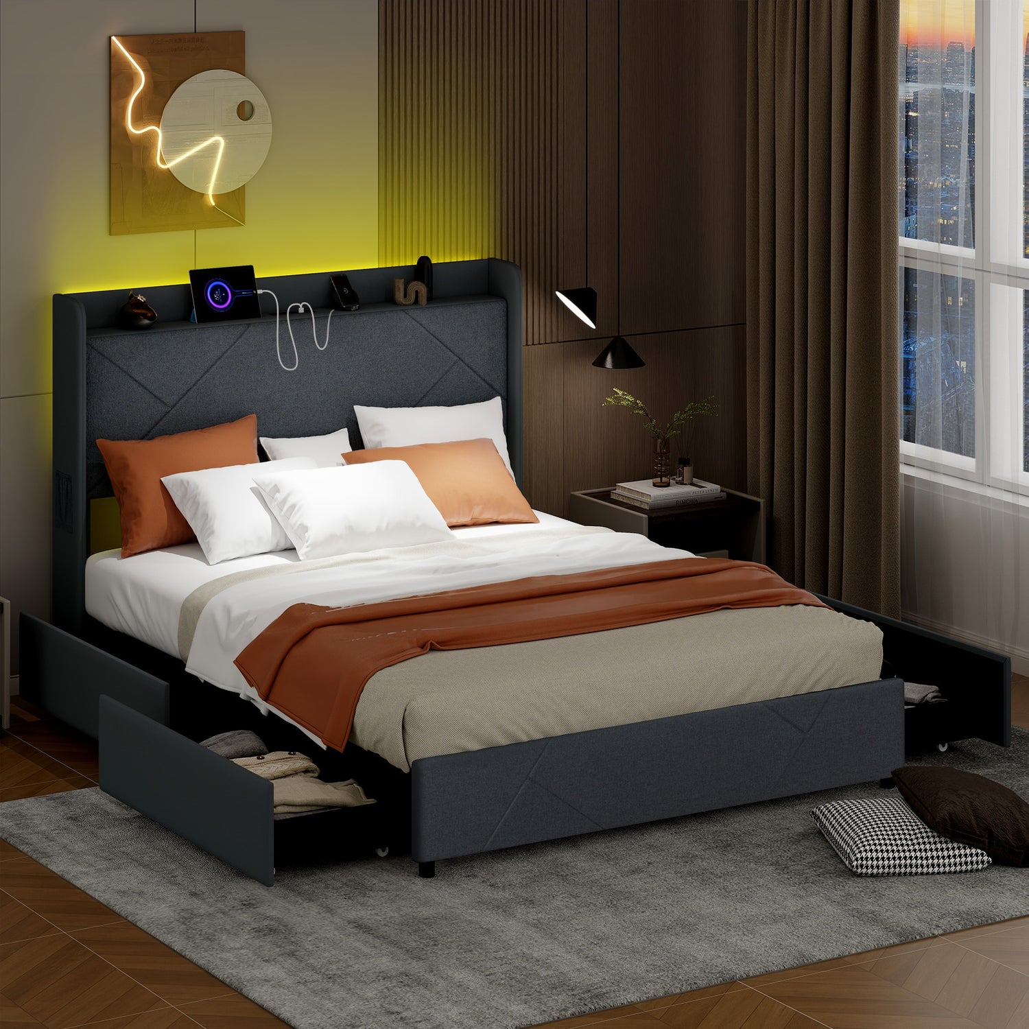 Full/Queen Size Bed Frame with LED Lights and Charging Station