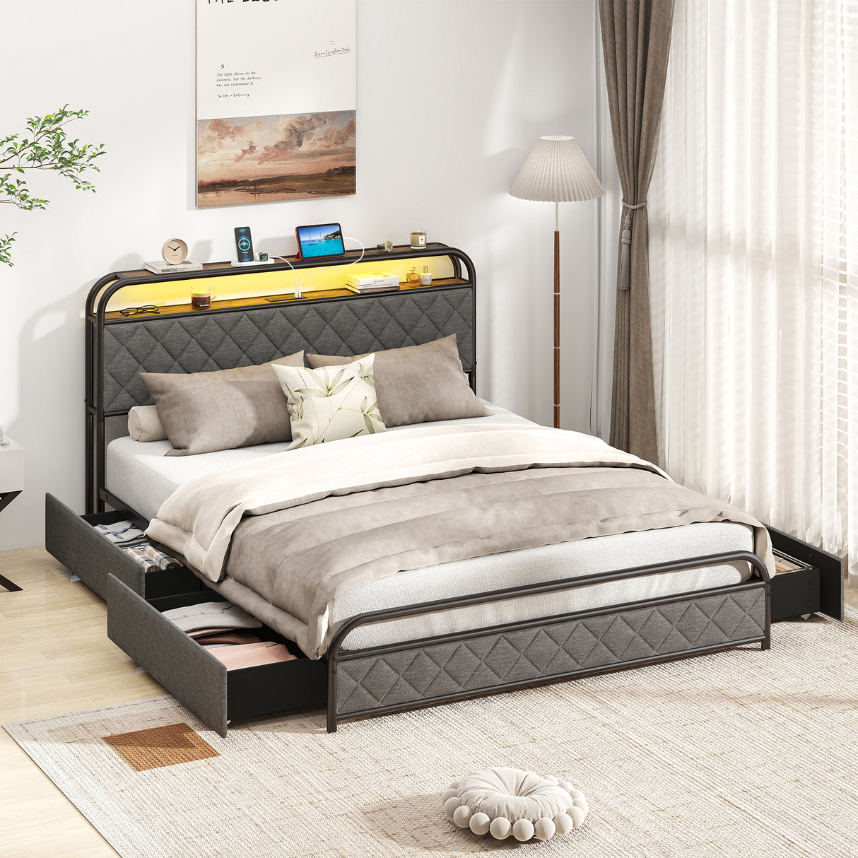 Twin/Full/Queen Size Bed Frame with LED Lights and Charging Station