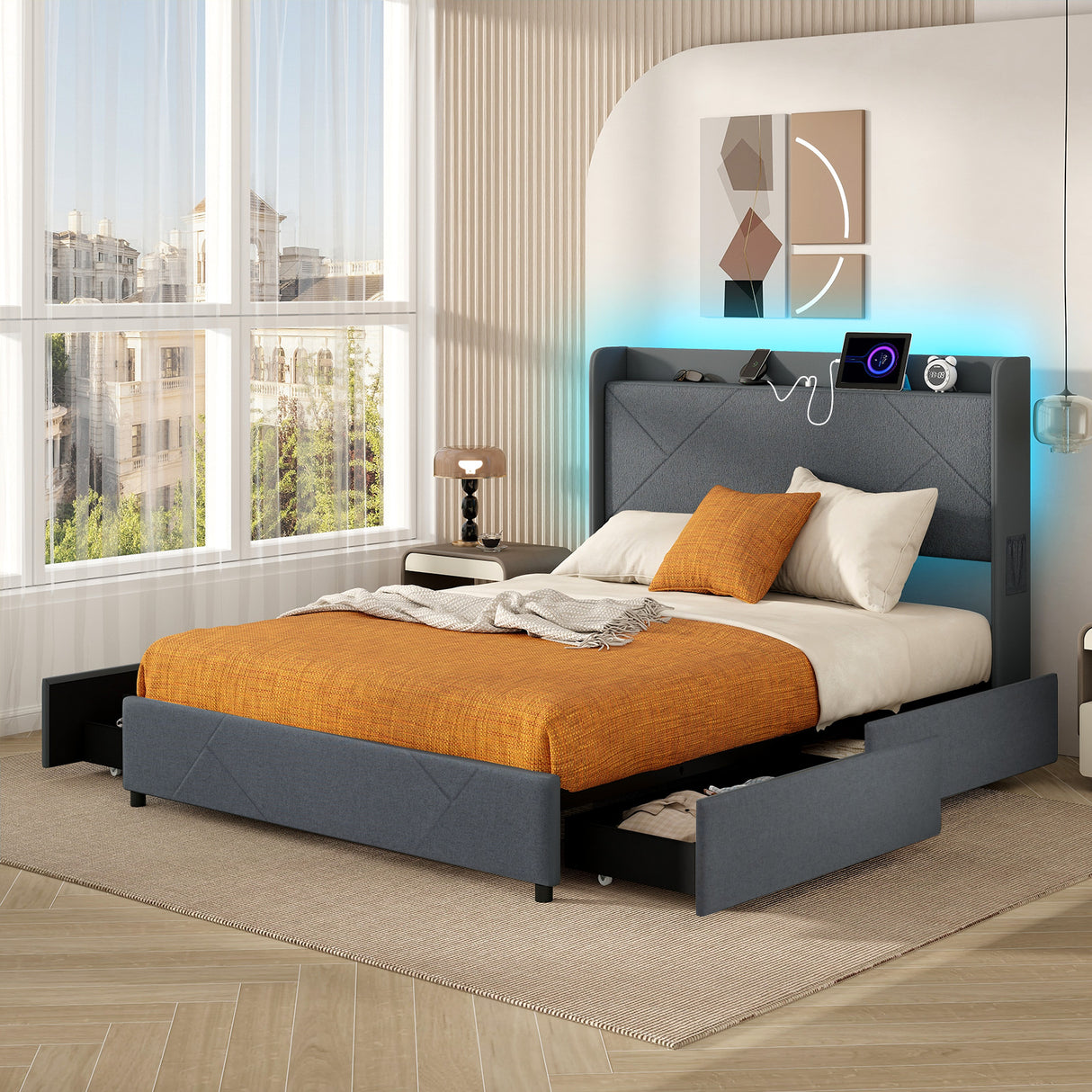 Full/Queen Size Bed Frame with LED Lights and Charging Station