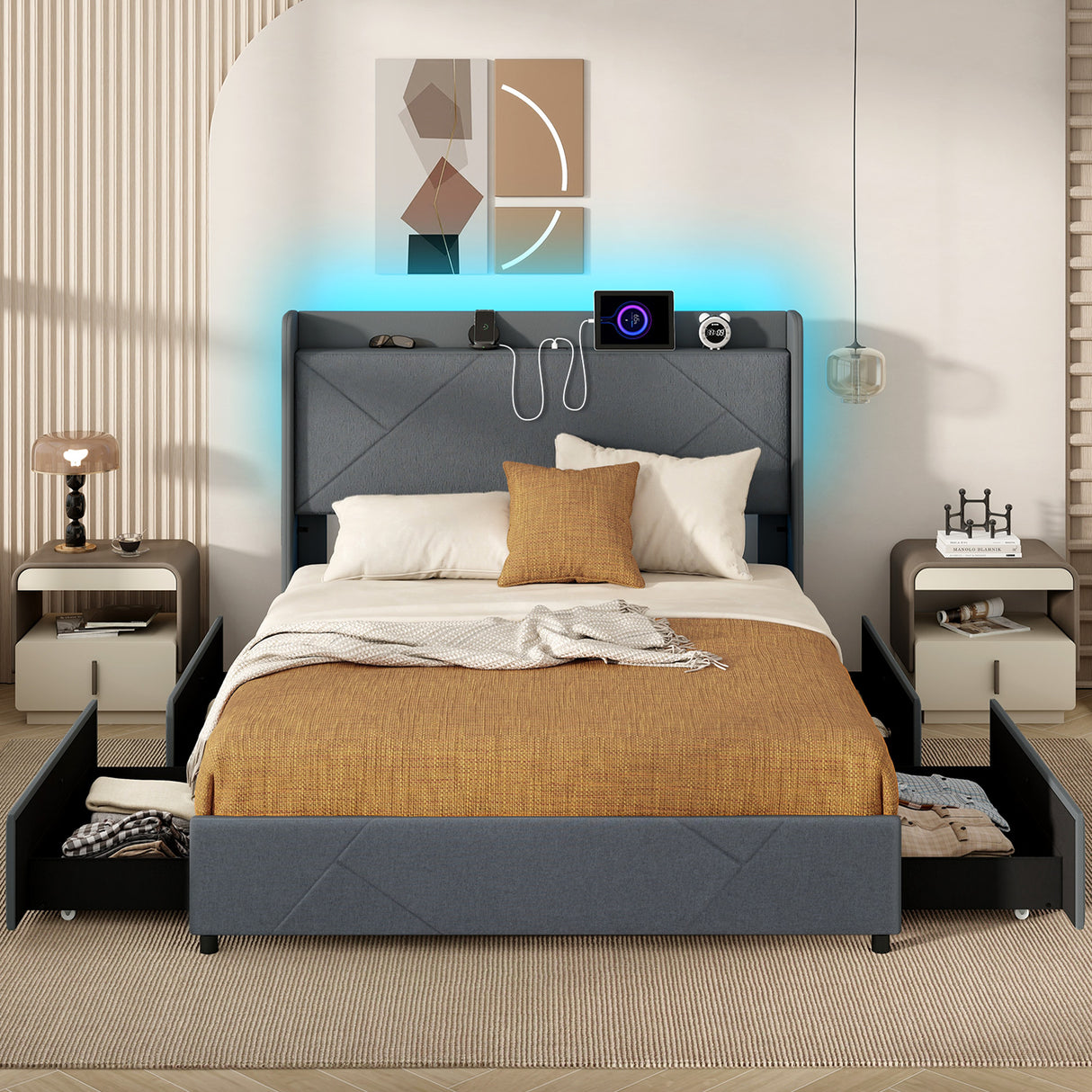 Full/Queen Size Bed Frame with LED Lights and Charging Station