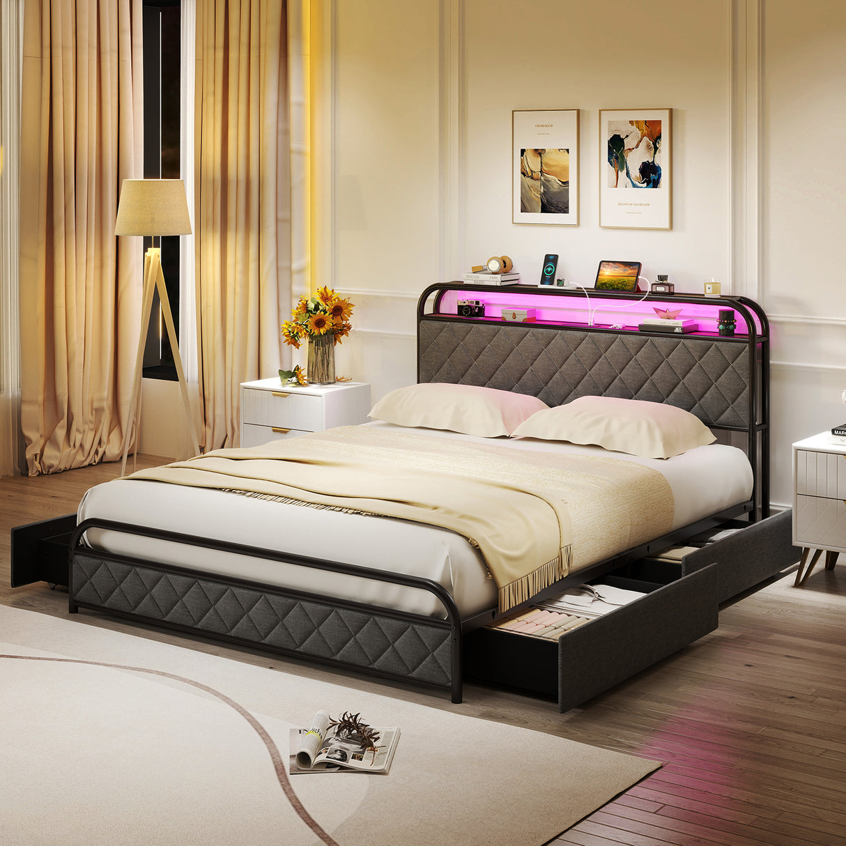 Twin/Full/Queen Size Bed Frame with LED Lights and Charging Station
