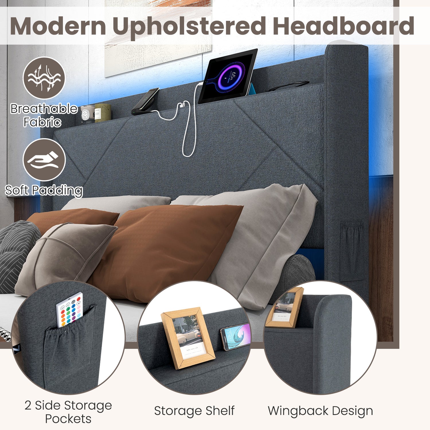 Full/Queen Size Bed Frame with LED Lights and Charging Station