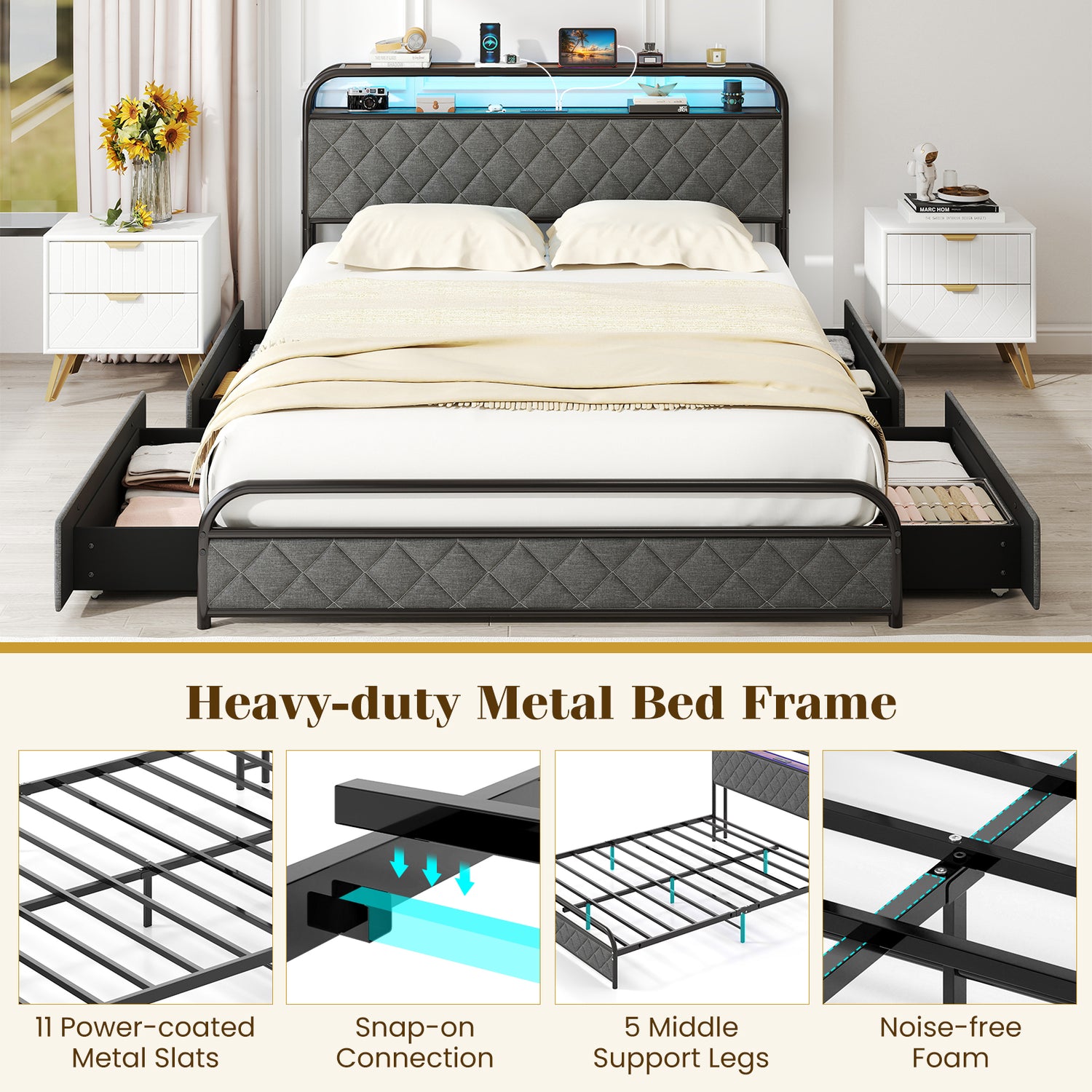 Twin/Full/Queen Size Bed Frame with LED Lights and Charging Station