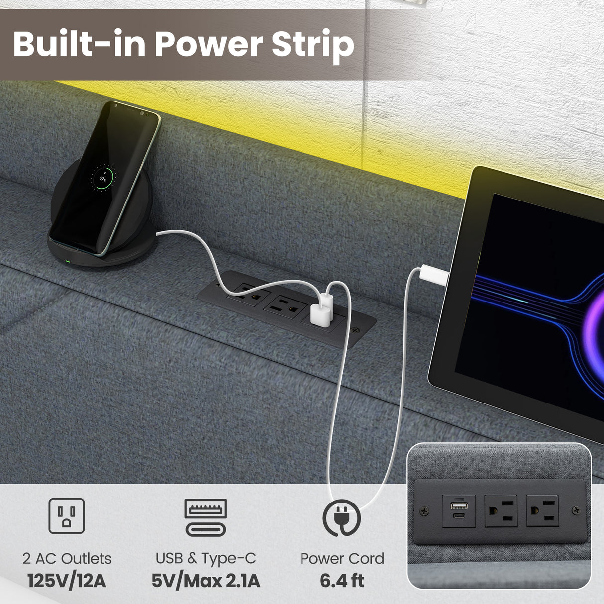 Full/Queen Size Bed Frame with LED Lights and Charging Station