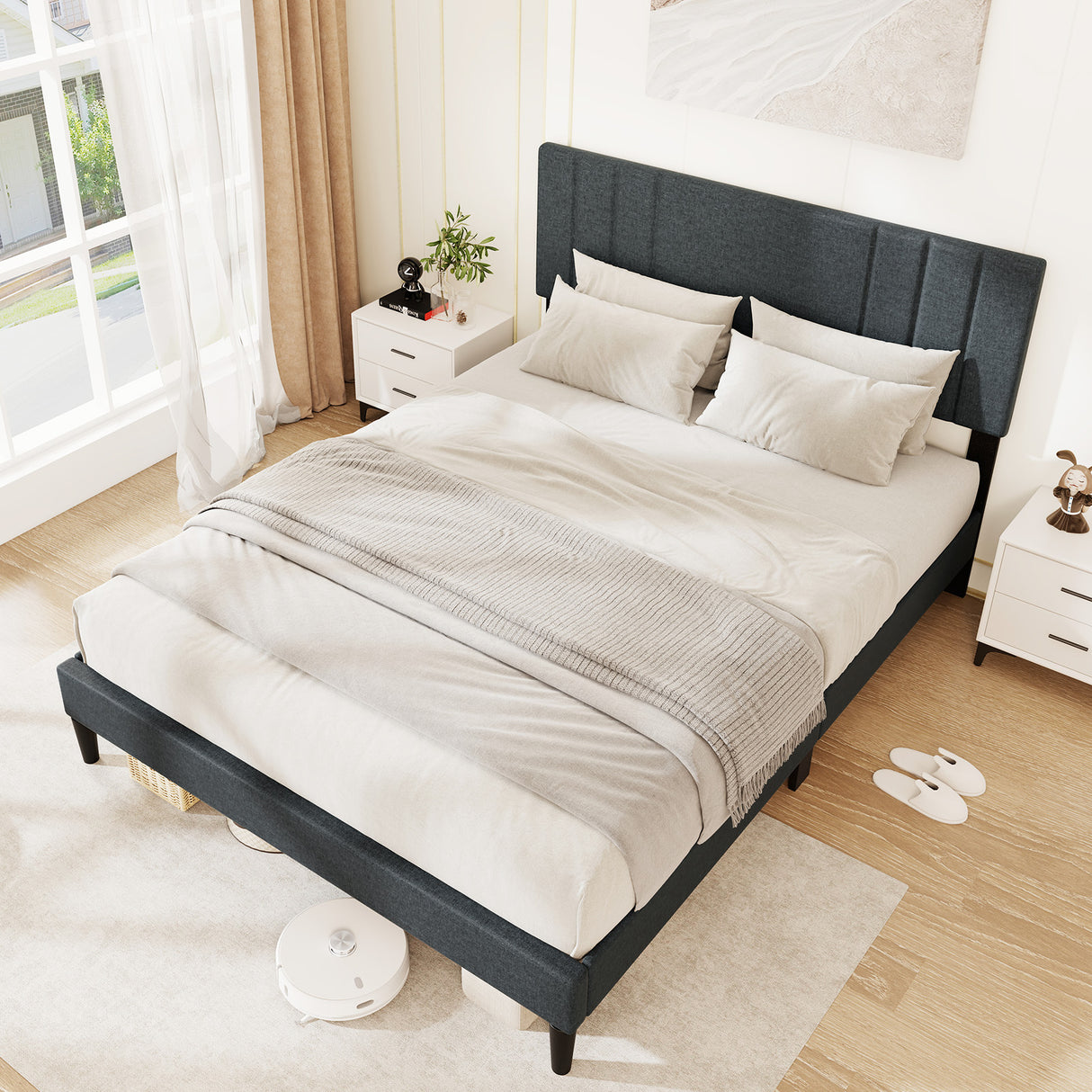 Full/Queen/Twin Size Bed Frame with Vertical Channel Tufted Headboard and Wooden Slats