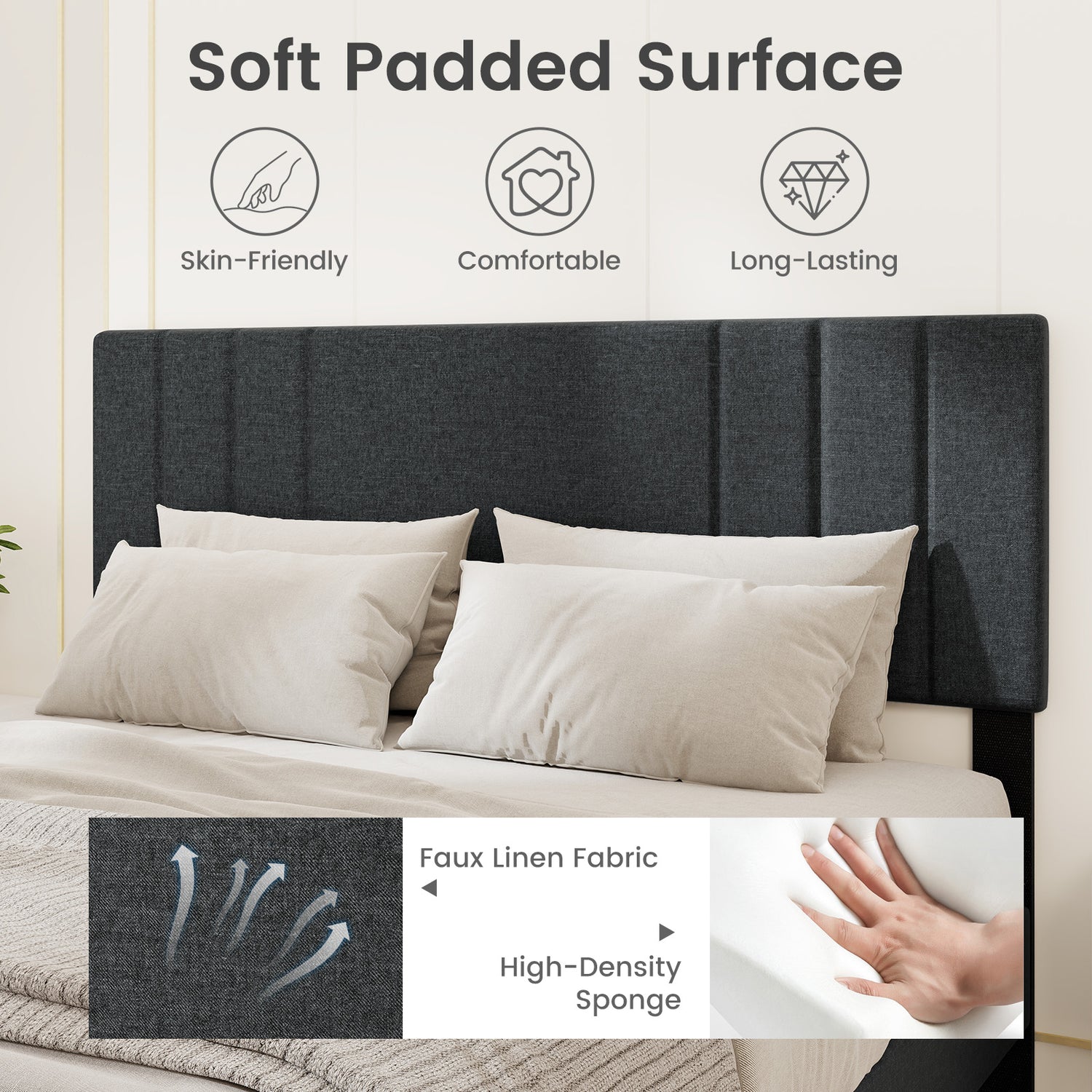 Full/Queen/Twin Size Bed Frame with Vertical Channel Tufted Headboard and Wooden Slats