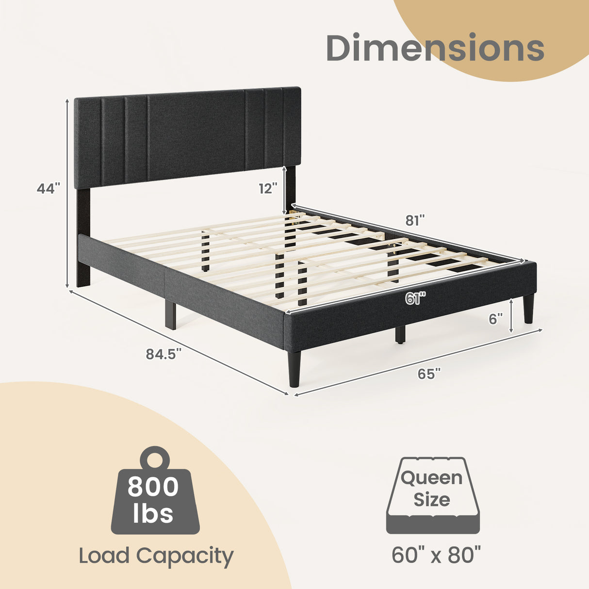 Full/Queen/Twin Size Bed Frame with Vertical Channel Tufted Headboard and Wooden Slats