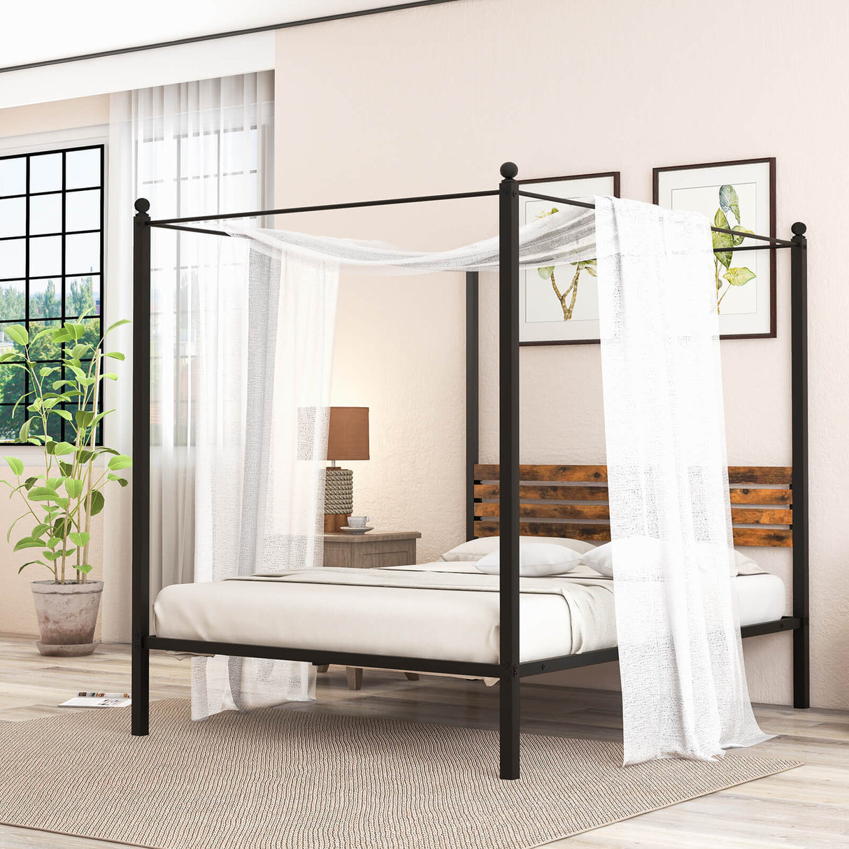 Queen Size Canopy Bed Frame with Under Bed Storage