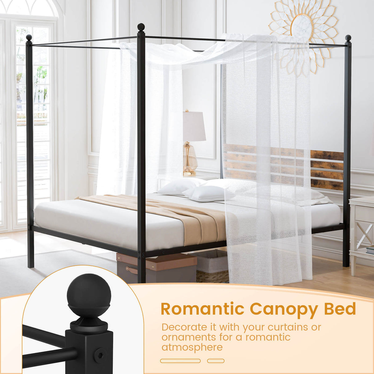 Queen Size Canopy Bed Frame with Under Bed Storage